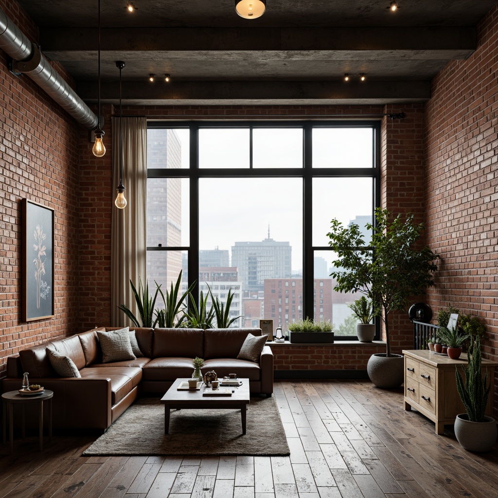 Prompt: Exposed brick walls, metal beams, reclaimed wood flooring, industrial-chic lighting fixtures, minimalist decor, sleek low-profile furniture, distressed leather sofas, steel coffee tables, Edison bulb pendant lights, urban loft atmosphere, gritty concrete textures, modern industrial architecture, spacious open-plan layout, high ceilings, floor-to-ceiling windows, cityscape views, warm neutral color palette, moody atmospheric lighting, shallow depth of field, 2/3 composition, realistic materials, ambient occlusion.