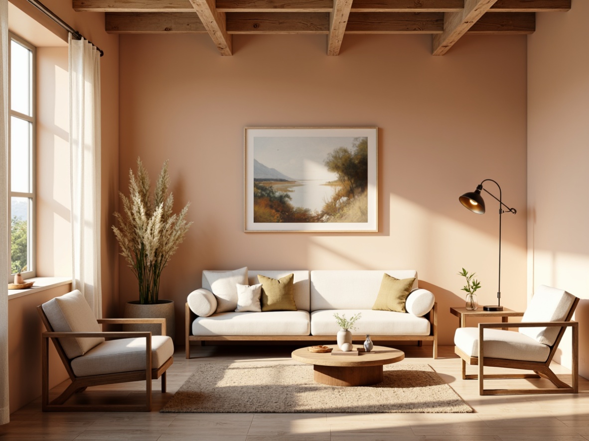 Prompt: Soft peach walls, warm beige floors, rich walnut furniture, creamy white accents, natural linen upholstery, subtle earthy tones, gentle golden lighting, cozy intimate atmosphere, modern minimalist decor, abstract art pieces, sleek metal fixtures, organic shapes, textured rugs, botanical elements, serene ambiance, shallow depth of field, 1/1 composition, soft focus, realistic textures.