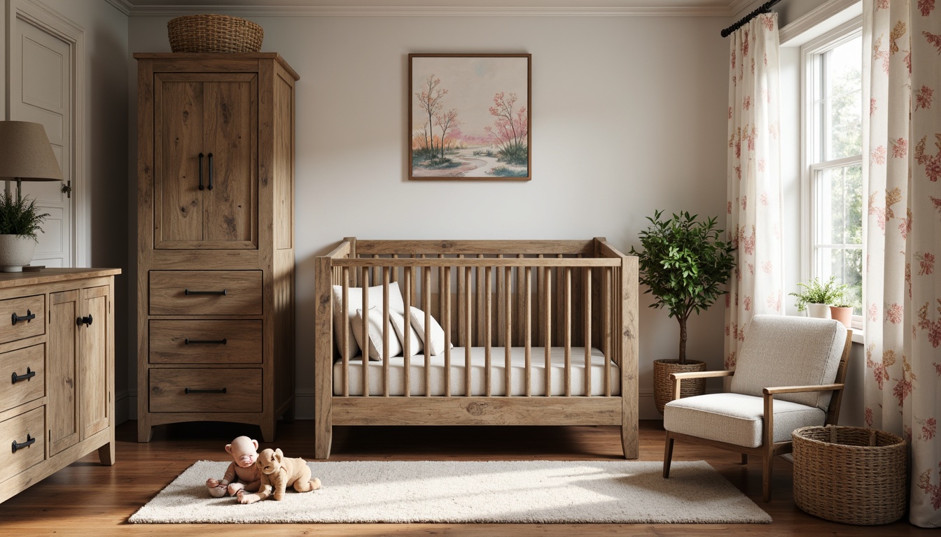 Prompt: Rustic wooden crib, distressed finishes, vintage baby toys, woven baskets, plush area rug, natural fiber upholstery, earthy color palette, reclaimed wood furniture, soft warm lighting, cozy reading nook, floral patterned curtains, white cotton drapes, antique metal hardware, country-inspired wall art, gentle watercolor hues, 1/1 composition, intimate atmosphere, realistic textures.