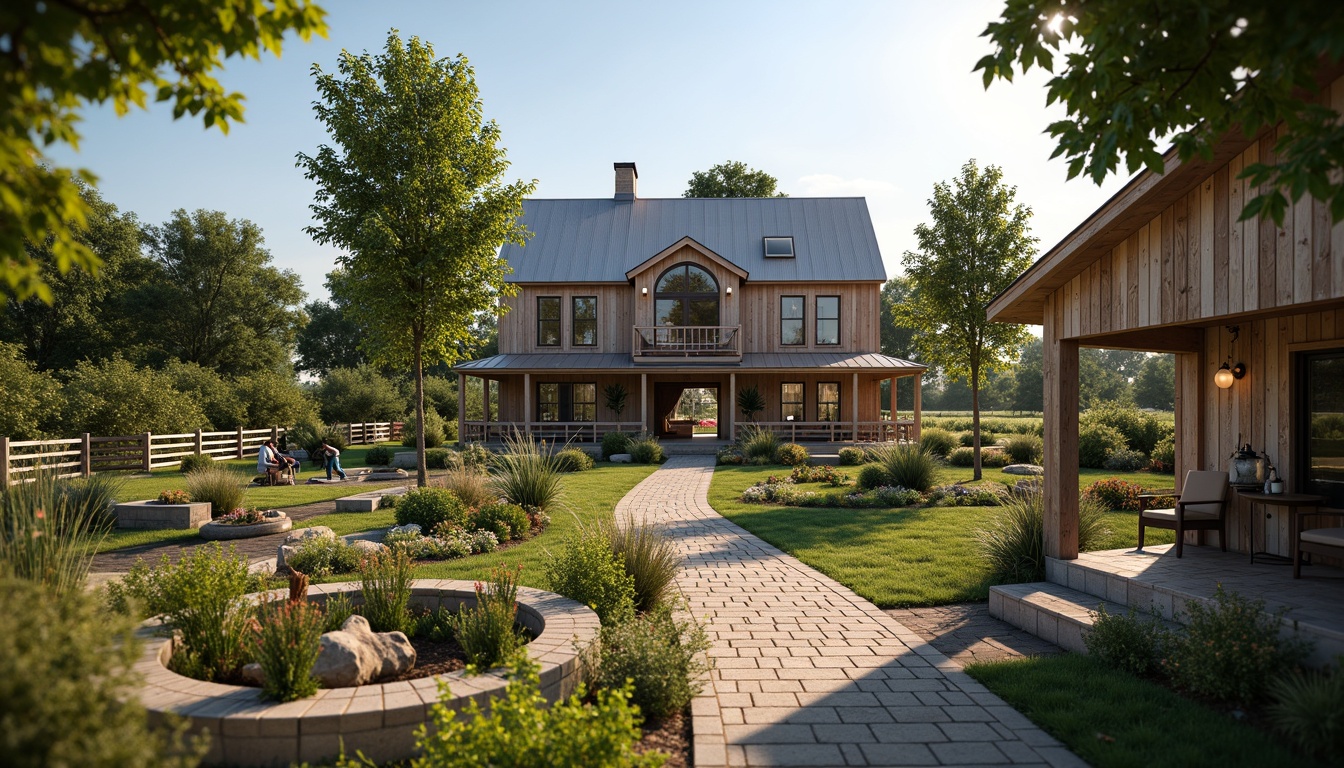 Prompt: Rustic farmhouse, vintage animal enclosures, wooden fencing, lush green pastures, happy farm animals, distressed metal roofs, reclaimed wood accents, earthy color palette, natural stone pathways, wildflower gardens, rustic metal decorations, lantern lighting, cozy outdoor seating areas, warm afternoon sunlight, shallow depth of field, 1/1 composition, realistic textures, ambient occlusion.