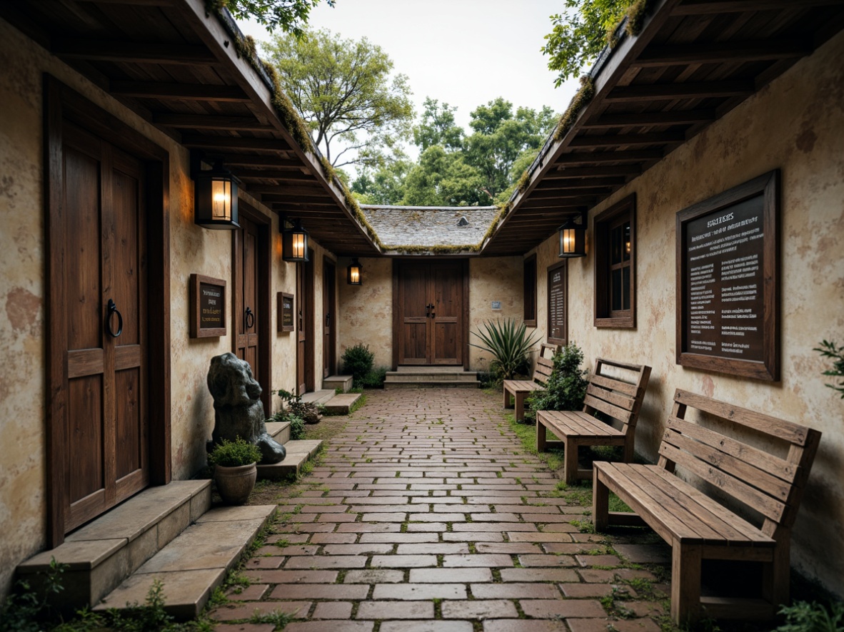 Prompt: Weathered stone walls, rustic wooden accents, distressed metal features, vintage lanterns, moss-covered roofs, earthy color palette, natural stone pathways, worn brick floors, reclaimed wood benches, memorial plaques, solemn atmosphere, soft diffused lighting, subtle shading, 1/1 composition, intimate portrait view, realistic textures, ambient occlusion.