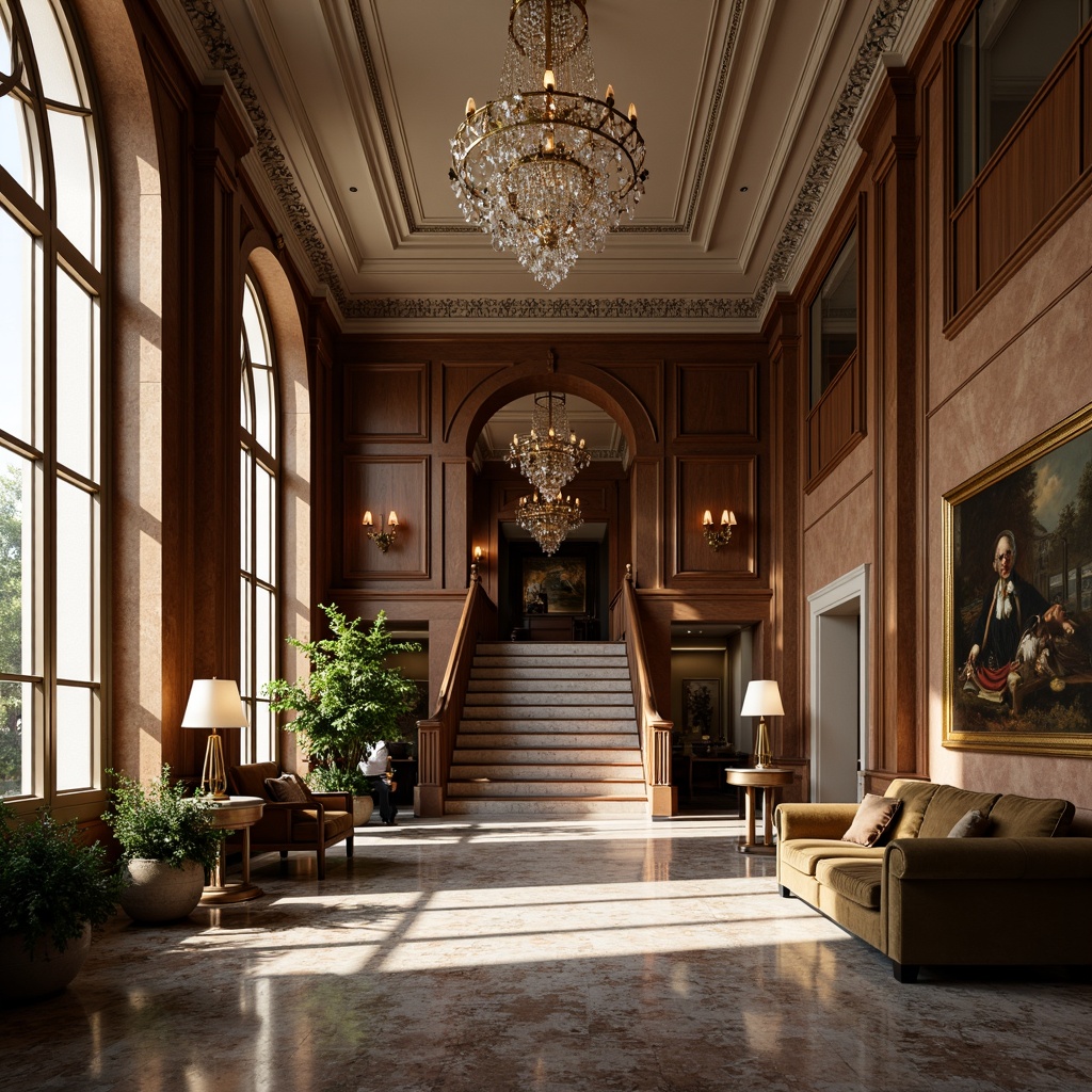 Prompt: Elegant student hall, neoclassical architecture, ornate columns, grand staircase, polished marble floors, intricate moldings, crystal chandeliers, luxurious velvet sofas, rich wood paneling, leather-bound books, classic oil paintings, subtle warm lighting, shallow depth of field, 1/2 composition, symmetrical framing, realistic textures, ambient occlusion.