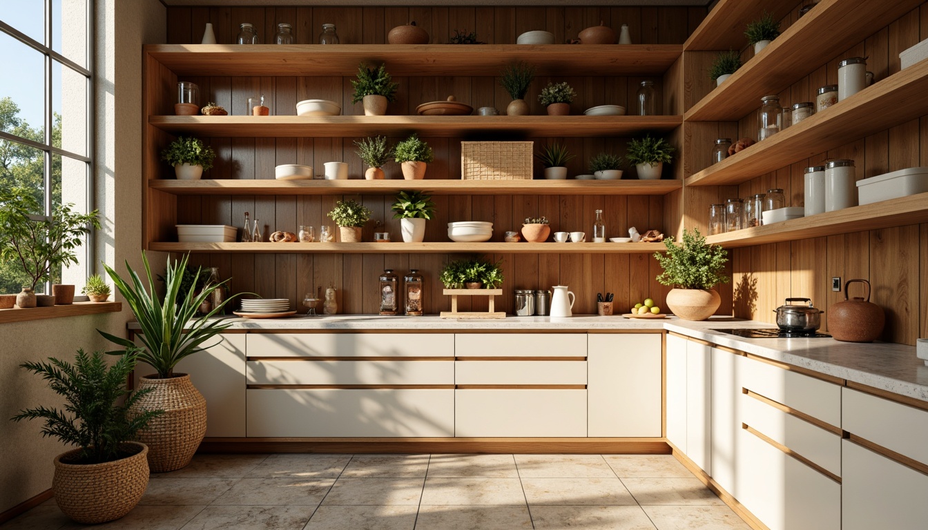 Prompt: Vibrant kitchen pantry, warm wood tones, sleek metal accents, modern minimalist shelves, soft-close drawers, marble countertops, creamy white cabinets, natural stone flooring, rustic woven baskets, earthy terracotta planters, lush greenery, ambient warm lighting, 3/4 composition, realistic textures, shallow depth of field.