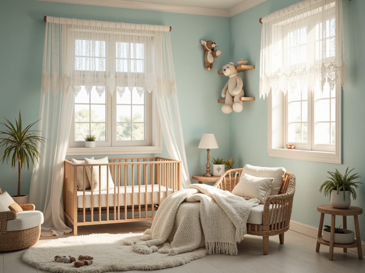 Prompt: Pastel baby blue walls, soft creamy whites, warm beige accents, gentle sky blues, pale powder pinks, delicate lace details, vintage wooden cribs, plush teddy bears, intricately patterned blankets, natural light pouring in, sheer curtains blowing softly, 1/1 composition, shallow depth of field, warm golden lighting, realistic textures, ambient occlusion.Please let me know if this meets your requirements!