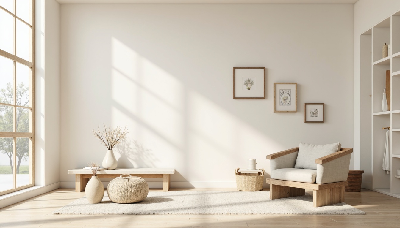 Prompt: Monochromatic interior, soft creamy whites, gentle beige tones, subtle grays, warm natural woods, minimalist furniture, clean lines, simple shapes, empty spaces, calm ambiance, soft diffused lighting, shallow depth of field, 1/1 composition, realistic textures, ambient occlusion.