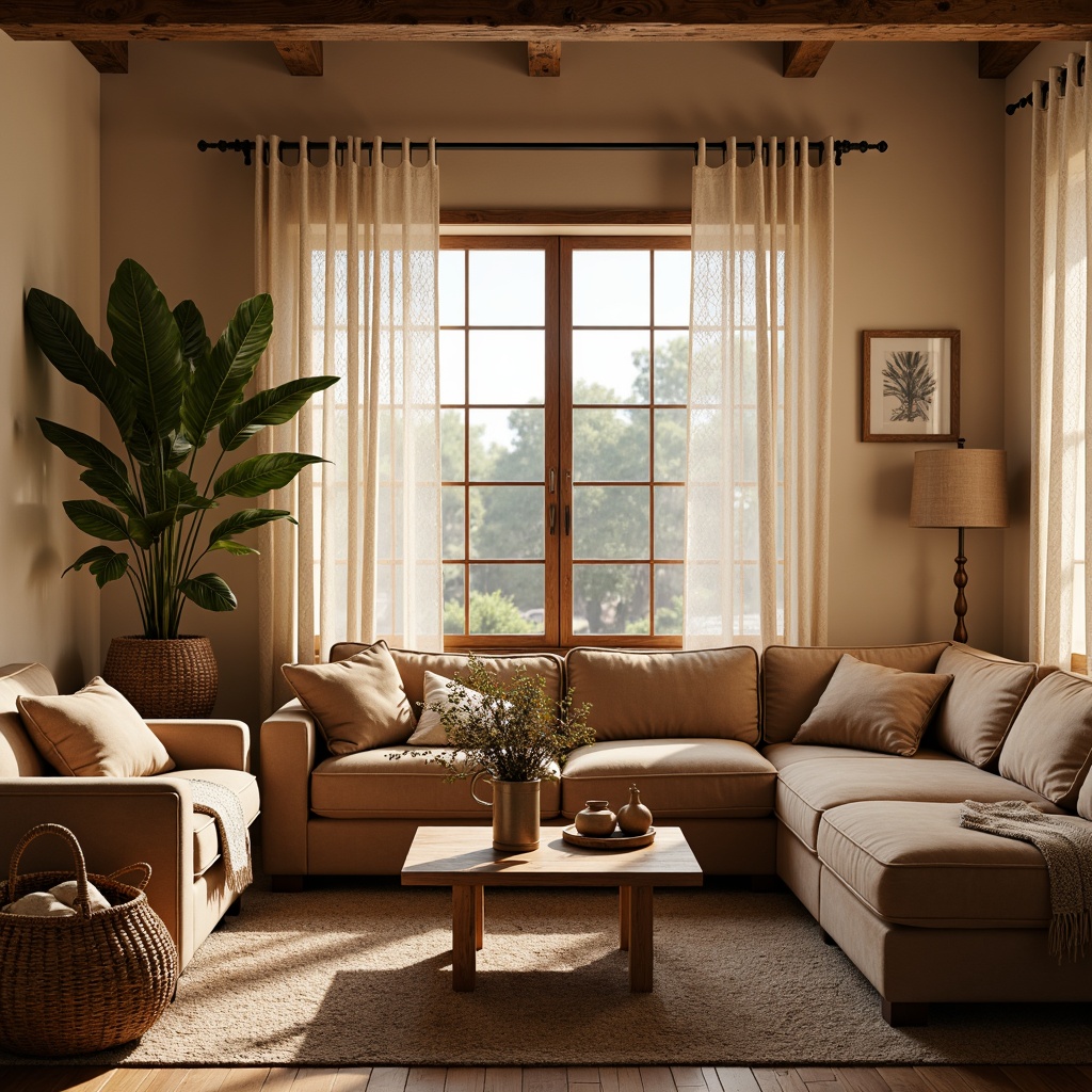 Prompt: Cozy living room, plush velvet sofa, soft cushioned armchairs, warm beige walls, delicate lace curtains, rustic wooden coffee table, woven wicker basket, natural fiber rug, earthy tone ceramics, gentle morning light, softbox lighting, shallow depth of field, 1/1 composition, intimate atmosphere, realistic fabric textures, ambient occlusion.