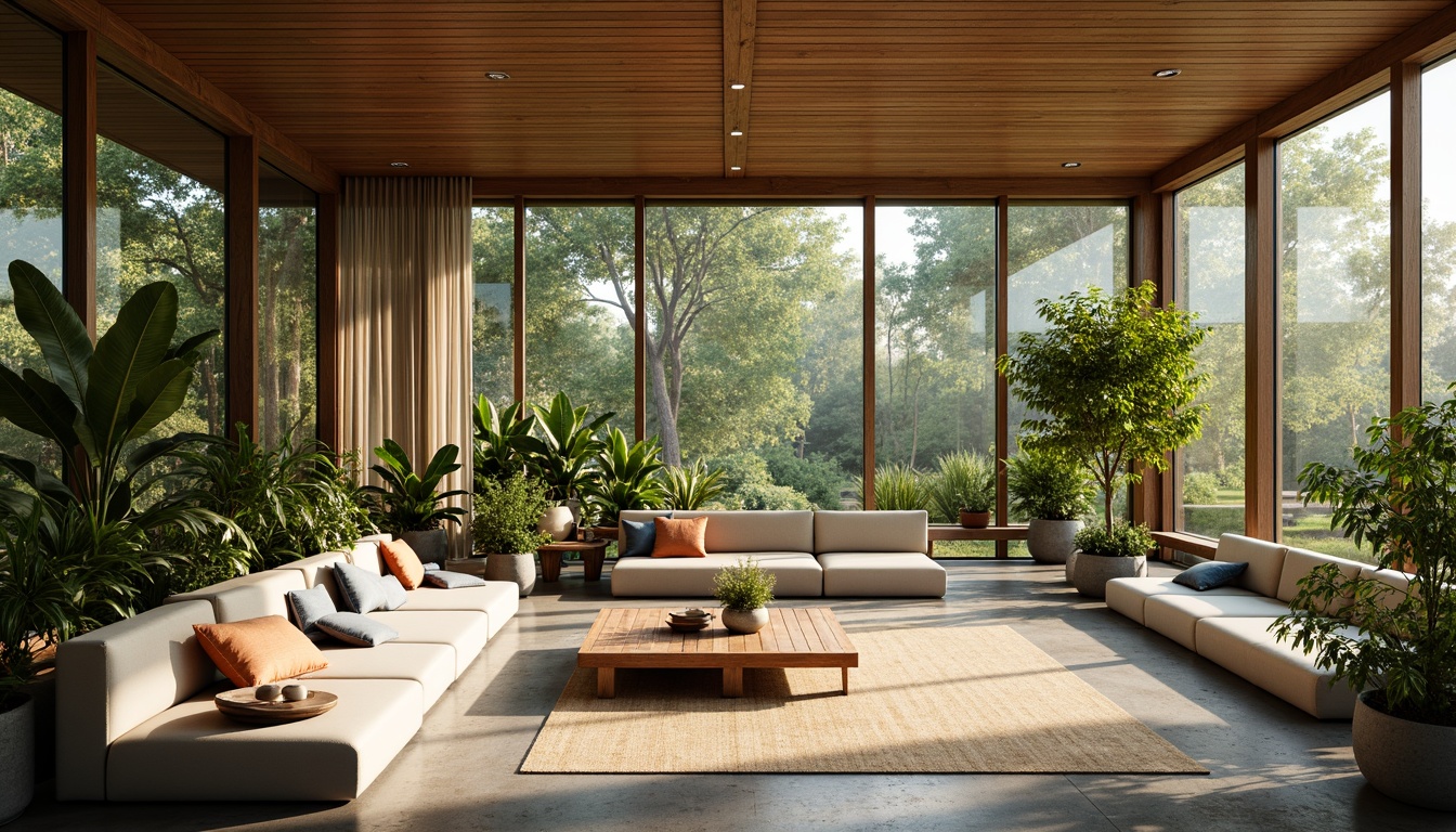 Prompt: Mid-century modern sunroom, abundant natural light, floor-to-ceiling windows, sliding glass doors, minimal ornamentation, functional simplicity, organic textures, wooden accents, earthy tones, lush greenery, potted plants, comfortable seating, plush cushions, soft warm lighting, shallow depth of field, 3/4 composition, panoramic view, realistic textures, ambient occlusion.