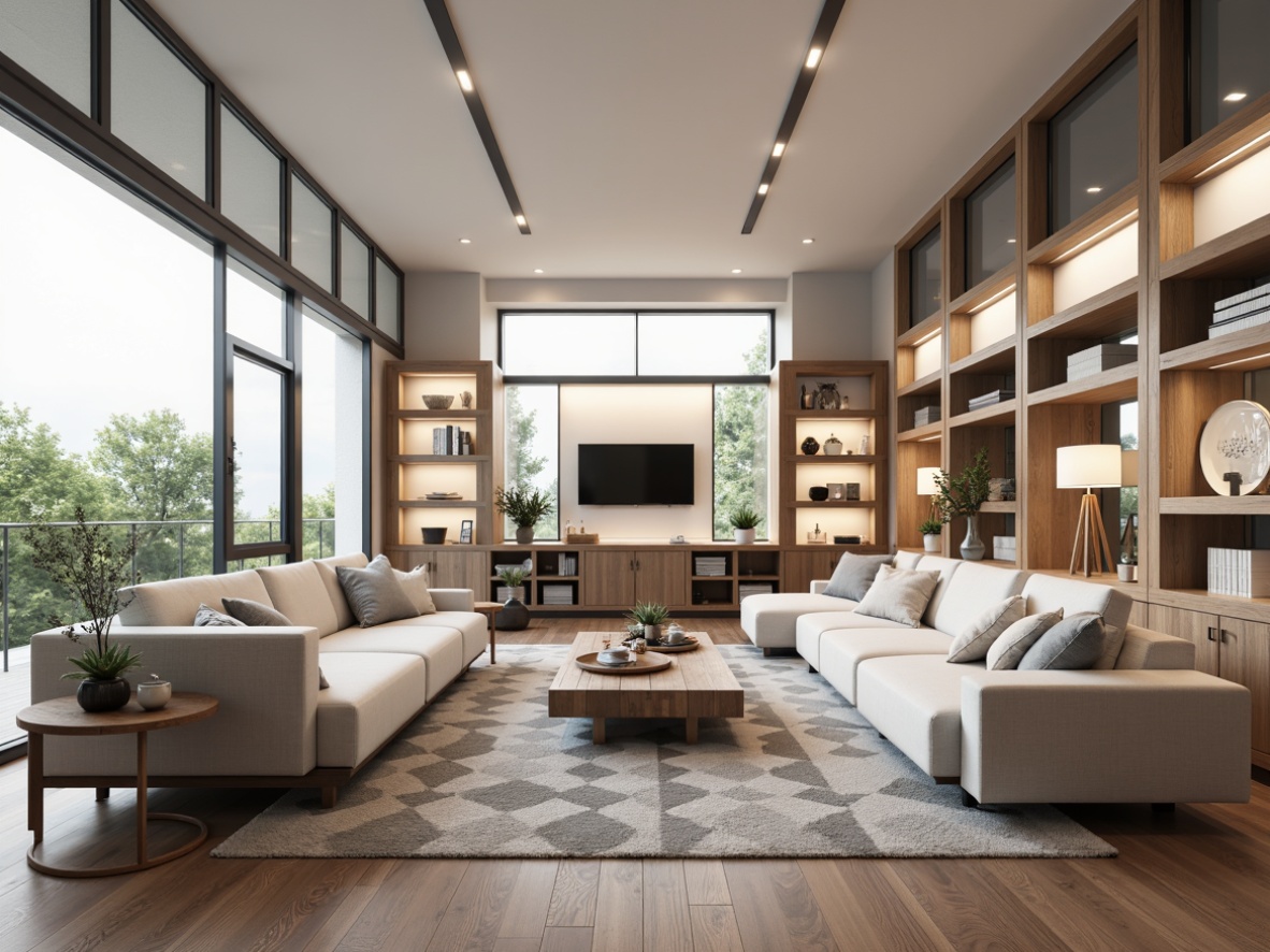 Prompt: Minimalist living room, comfortable sofas, sleek coffee tables, geometric patterned rugs, floor-to-ceiling windows, natural light pouring in, functional storage units, modern shelving systems, decorative lighting fixtures, harmonious color palette, optimized traffic flow, circular seating arrangement, 3/4 composition, soft warm lighting, realistic textures, ambient occlusion.