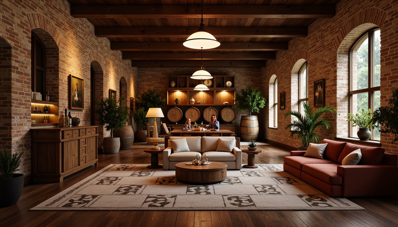 Prompt: Rustic winery interior, mid-century modern style, wooden wine barrels, dim warm lighting, earthy tones, natural stone walls, reclaimed wood floors, industrial metal accents, comfortable lounge seating, plush velvet sofas, oakwood coffee tables, pendant light fixtures, geometric patterned rugs, vintage wine-making equipment, aged brick archways, soft warm color palette, shallow depth of field, 1/1 composition, realistic textures, ambient occlusion.