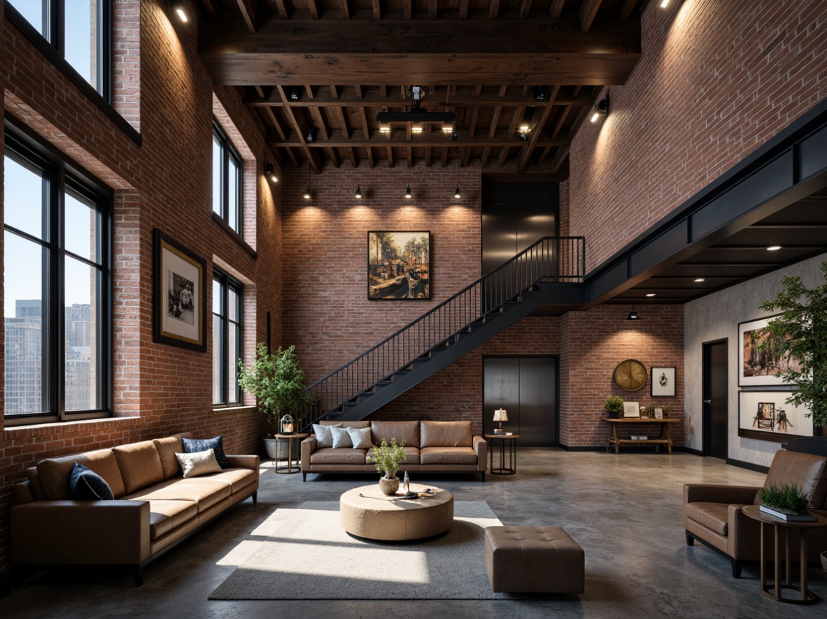 Prompt: Exposed brick walls, metal beams, reclaimed wood accents, industrial-chic lighting fixtures, minimalist decor, urban loft-inspired rooms, concrete floors, steel-frame windows, distressed leather furniture, vintage manufacturing equipment displays, modern amenities, luxurious textiles, moody color palette, dramatic high ceilings, open-plan lobby, grand staircase, metallic elevator doors, polished concrete corridors, functional industrial elements, raw unfinished aesthetic, edgy cityscape views, gritty urban atmosphere, cinematic lighting, shallow depth of field, 2/3 composition, realistic renderings, ambient occlusion.