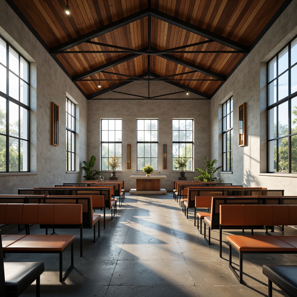 Prompt: Minimalist worship space, industrial chic furniture, steel frames, leather upholstery, geometric patterns, bold color accents, natural light pouring, stained glass windows, brutalist architecture, concrete floors, wooden pews, simplistic altar, abstract sculptures, ambient soft lighting, 1/2 composition, symmetrical framing, high contrast ratio, realistic textures, subtle grain effect.