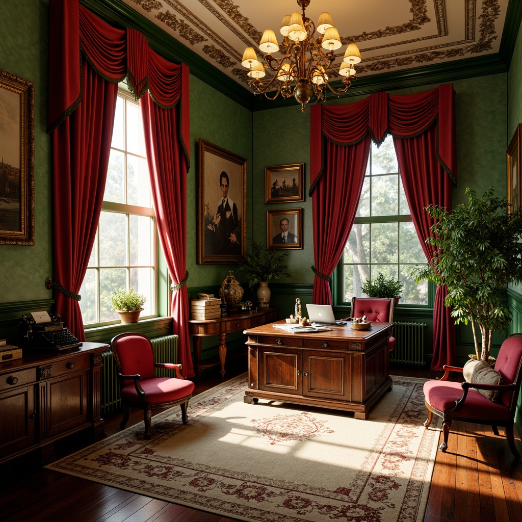 Prompt: Richly ornamented Victorian home office, warm golden lighting, dark wood furniture, luxurious velvet drapes, ornate metal fixtures, rich jewel-toned color scheme, emerald green walls, ruby red accents, creamy white trim, warm beige carpets, elegant chandeliers, intricate moldings, classic leather-bound books, vintage typewriters, ornate picture frames, soft focus, shallow depth of field, 1/2 composition, realistic textures, ambient occlusion.