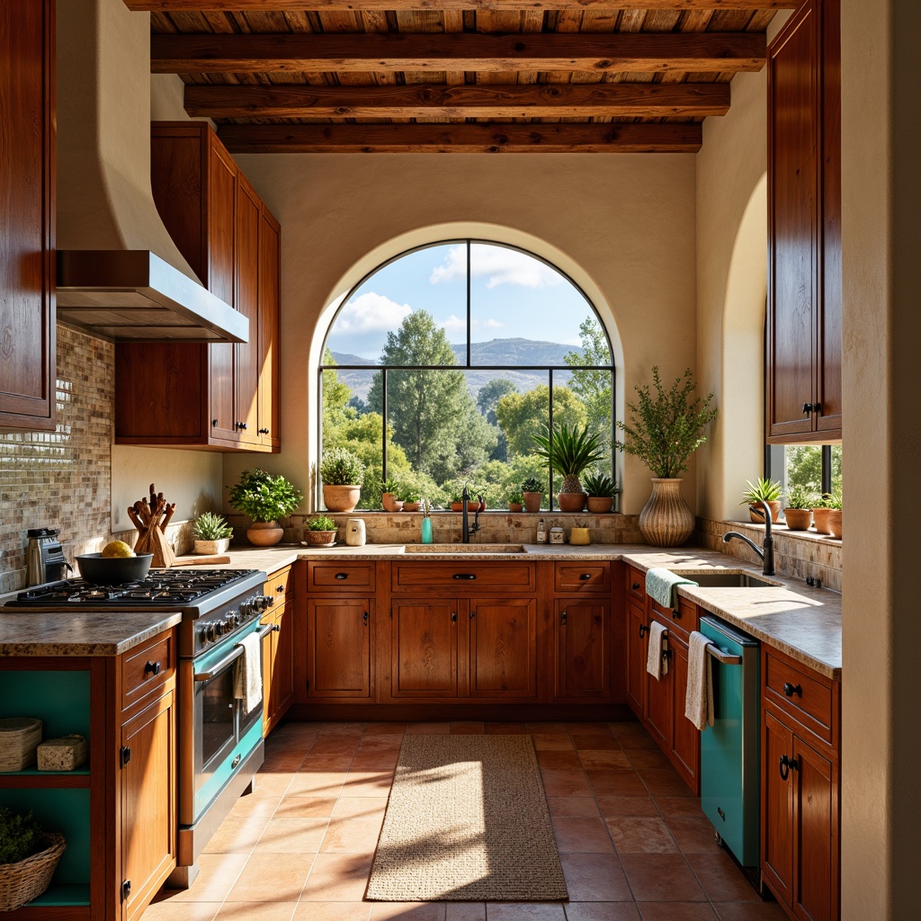 Prompt: Warm Southwestern ambiance, earthy tones, rustic wood cabinetry, ornate metal hardware, vibrant turquoise accents, woven textiles, natural stone countertops, terracotta flooring, arched windows, soft warm lighting, 3/4 composition, shallow depth of field, panoramic view, realistic textures, ambient occlusion, cozy pantry nook, abundant storage space, decorative ceramic tiles, Southwestern-inspired patterns, rich wood grains, inviting color palette.