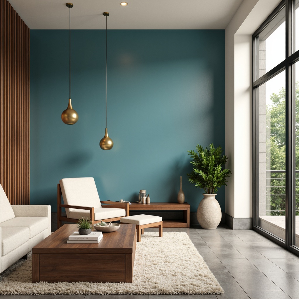 Prompt: \Cerulean blue accent wall, soft creamy whites, warm beige tones, rich walnut wood furniture, metallic gold hardware, lush greenery, natural stone flooring, modern minimalist decor, large windows, abundant natural light, shallow depth of field, 3/4 composition, panoramic view, realistic textures, ambient occlusion.\Let me know if this meets your requirements or if you need any adjustments!