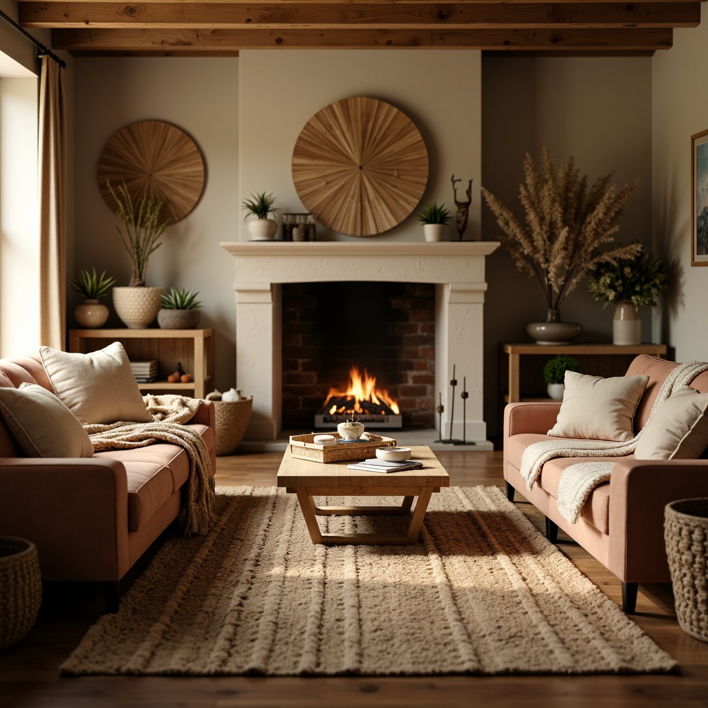 Prompt: Cozy living room, plush throw blankets, woven baskets, natural fiber rugs, chunky knit pillows, soft velvet sofas, warm beige walls, crackling fireplace, rich wood accents, golden lighting, shallow depth of field, 1/1 composition, inviting atmosphere, realistic textures, ambient occlusion.