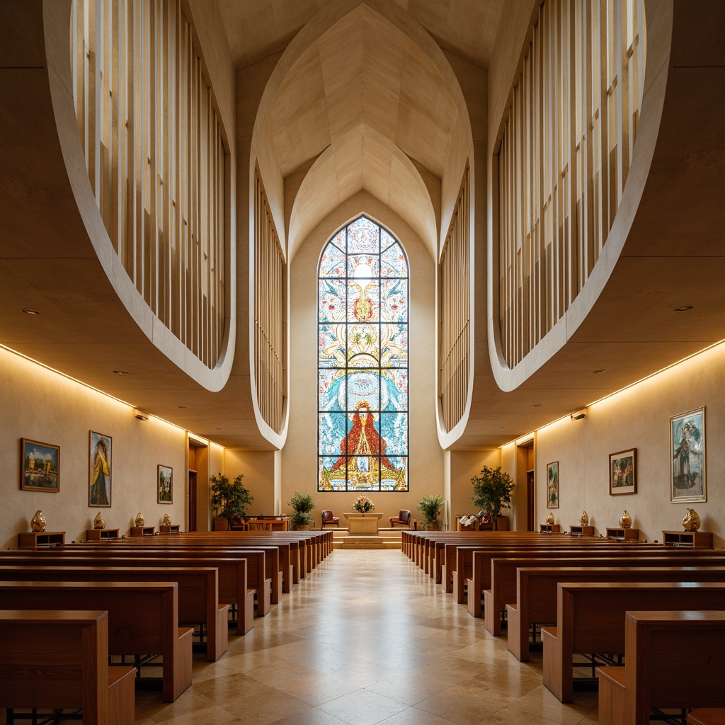 Prompt: Sleek modern church architecture, curved lines, minimalist decor, natural stone walls, stained glass windows, geometric patterns, abstract sculptures, ambient lighting, warm beige tones, polished wooden floors, sleek metal accents, subtle spiritual symbols, peaceful atmosphere, soft diffused light, shallow depth of field, 2/3 composition, symmetrical framing, vibrant colorful textiles, intricate mosaics, ornate golden details.