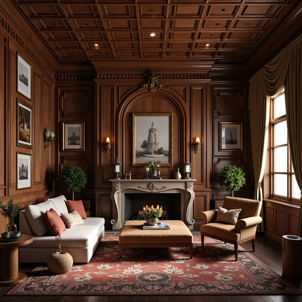 Prompt: Elegant traditional mansion, ornate wooden panels, rich wood grain textures, intricate carvings, rustic stone walls, warm earthy tones, luxurious velvet drapes, antique furniture pieces, vintage decorative accessories, soft warm lighting, shallow depth of field, 1/1 composition, realistic render, ambient occlusion, natural material palette.