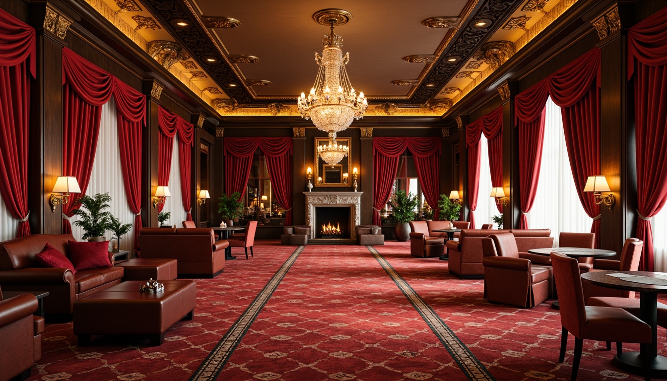 Prompt: Luxurious casino interior, rich velvet drapes, ornate gold accents, elegant crystal chandeliers, refined wood paneling, plush red carpets, intricate moldings, Baroque-inspired furniture, curved lines, luxurious upholstery, vibrant colorful fabrics, patterned rugs, majestic stone fireplaces, ambient warm lighting, soft focus effect, shallow depth of field, 1/2 composition, ornate mirrors, antique decorative items, lavish decorations.