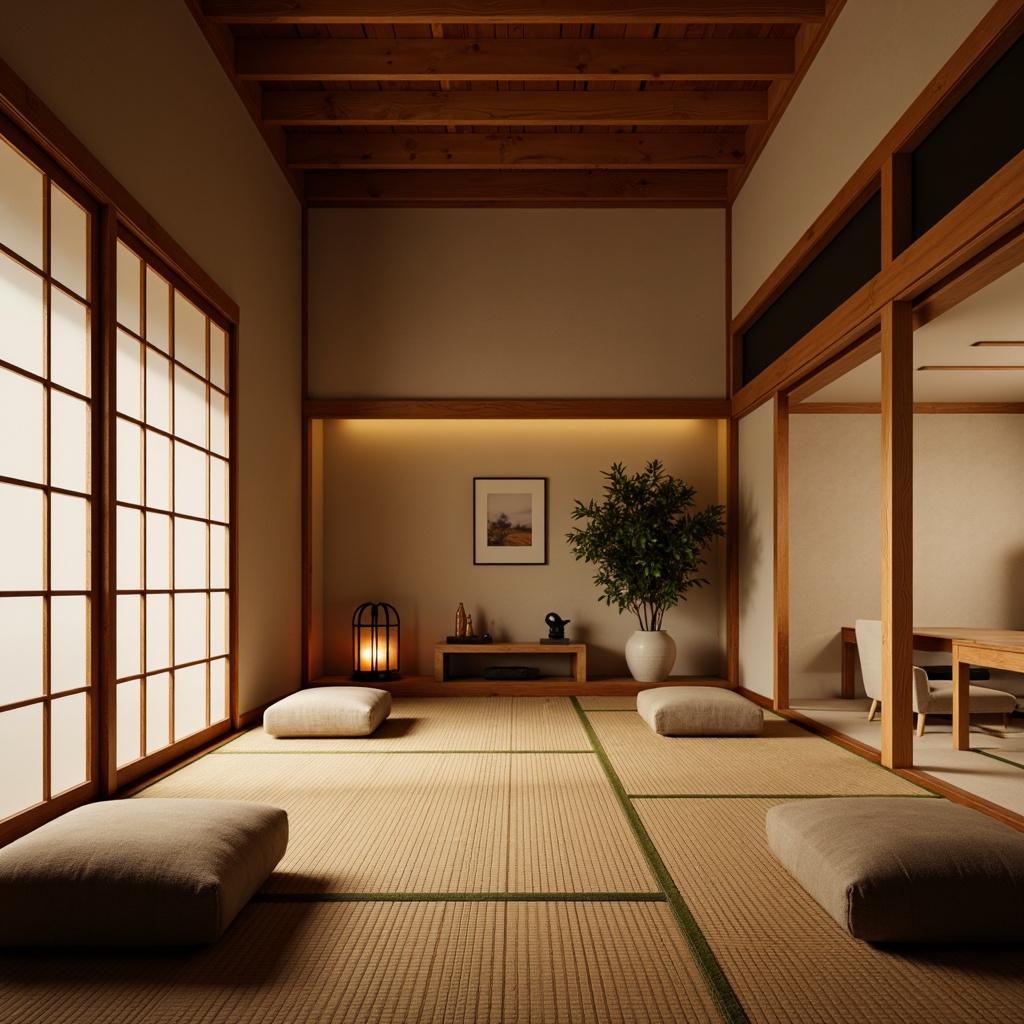 Prompt: Traditional Japanese tatami room, sliding shoji doors, warm wooden accents, low-seating platforms, plush cushions, minimalist decor, natural textiles, subtle lighting, soft shadows, 1/1 composition, intimate atmosphere, cozy nooks, curved lines, cultural heritage, serene ambiance, soft warm glow, shallow depth of field, realistic wood grain, ambient occlusion.