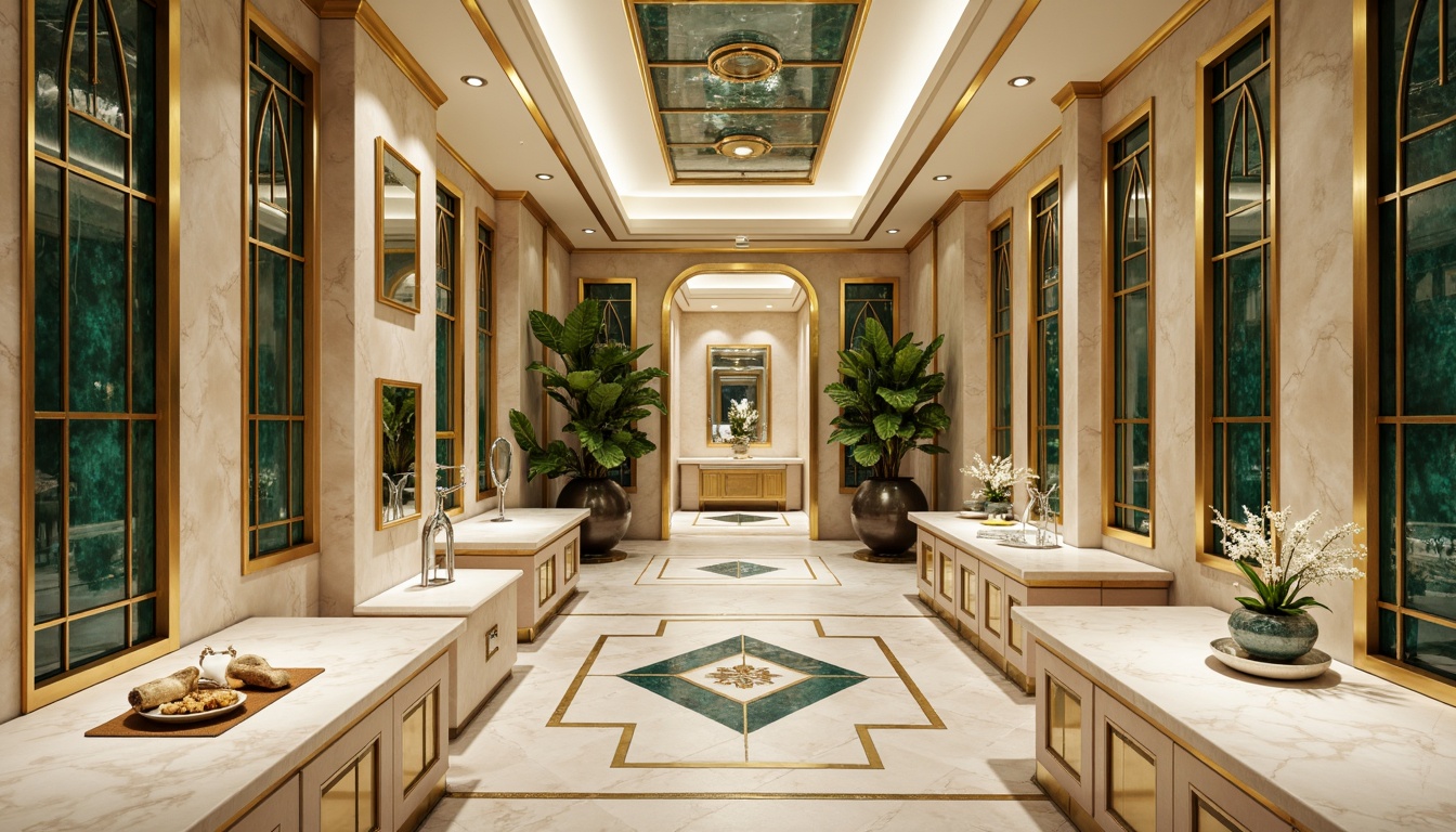 Prompt: Luxurious storage rooms, opulent Art Deco style, rich metallic accents, bold geometric patterns, lavish marble countertops, ornate metalwork details, sophisticated pastel color scheme, soft cream hues, warm beige tones, deep blues, emerald greens, glamorous gold leafing, dramatic high-contrast lighting, shallow depth of field, 1/1 composition, realistic textures, ambient occlusion.