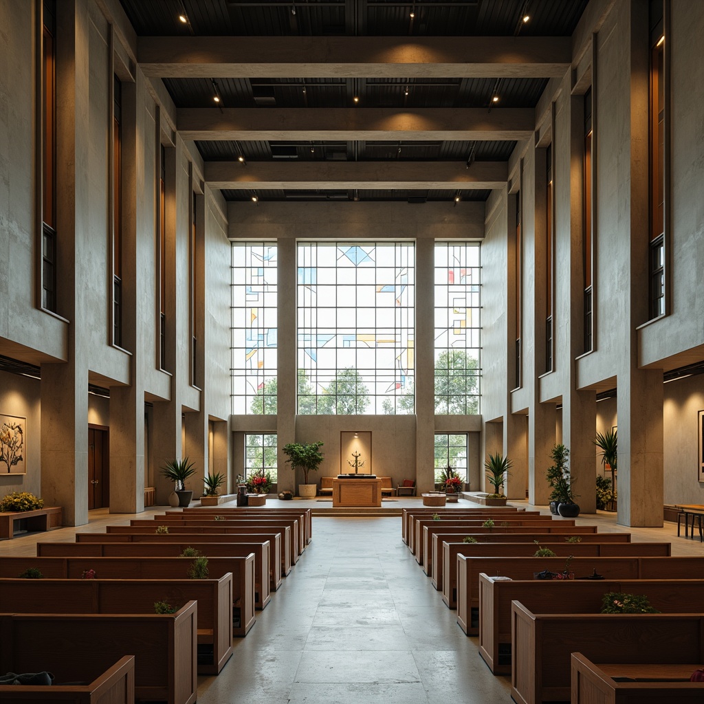 Prompt: Minimalist worship space, geometric stained glass windows, rectangular pillars, open floor plan, asymmetrical facade, brutalist concrete walls, industrial metal beams, functional simplicity, sacred altar, spiritual ambiance, natural light filtering, subtle color palette, abstract patterns, modern typography, clean lines, minimal ornamentation, functional furniture, communal seating, sacred symbols, peaceful atmosphere, warm soft lighting, shallow depth of field, 1/1 composition, symmetrical framing.