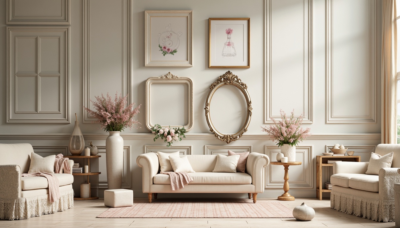 Prompt: Soft feminine hues, distressed finishes, vintage-inspired decor, pastel shades, creamy whites, warm beiges, pale pinks, baby blues, lace details, ruffled fabrics, ornate frames, distressed wood tones, floral patterns, natural textures, warm candlelight, soft focus, shallow depth of field, 1/1 composition, romantic ambiance.