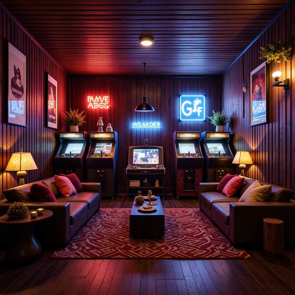 Prompt: Cozy game room, dark wood paneling, neon signs, retro arcade machines, vintage posters, dimmable floor lamps, plush couches, vibrant throw pillows, geometric-patterned rugs, metallic accents, industrial-chic shelving units, high-gloss coffee tables, atmospheric LED lighting, cinematic sound systems, immersive gaming experiences, 180-degree panoramic views, cinematic composition, rich textures, realistic reflections.