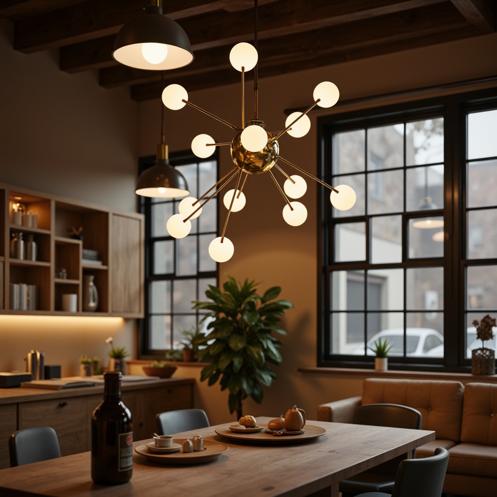 Prompt: Mid-century modern interior, stylish lighting fixtures, sputnik chandeliers, globe pendants, atomic lamps, minimalist ceiling lights, industrial metal shades, natural wood accents, geometric patterns, retro-inspired textiles, earthy color palette, warm ambient glow, soft diffused lighting, 1/1 composition, shallow depth of field, realistic materials, subtle shadows.