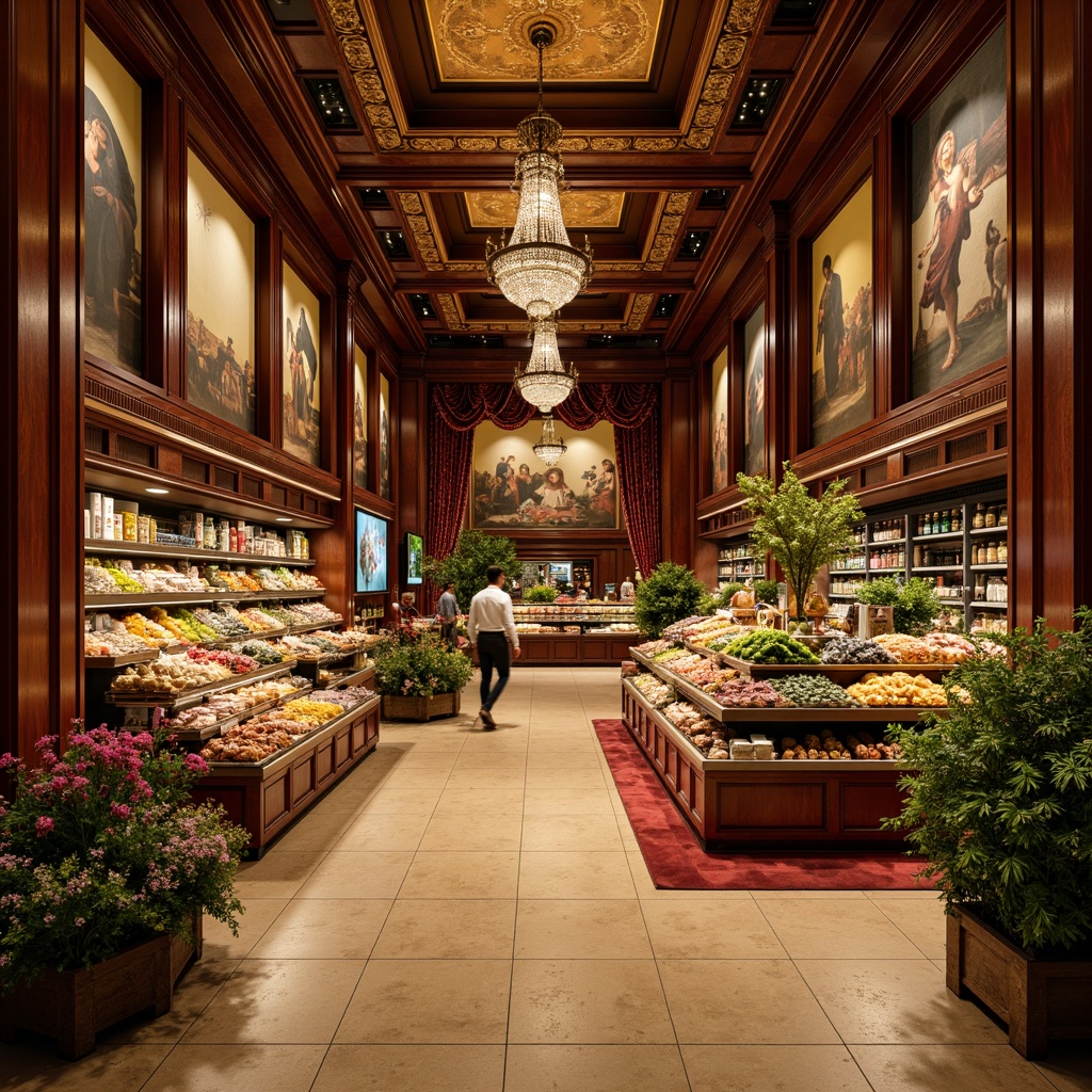 Prompt: Luxurious grocery store interior, rich wood accents, ornate golden details, velvet drapes, crystal chandeliers, warm beige stone flooring, grandiose high ceilings, intricate fresco paintings, lavish greenery, overflowing flower arrangements, opulent red carpeting, dramatic dim lighting, 3/4 composition, symmetrical framing, warm golden lighting, realistic textures, ambient occlusion.