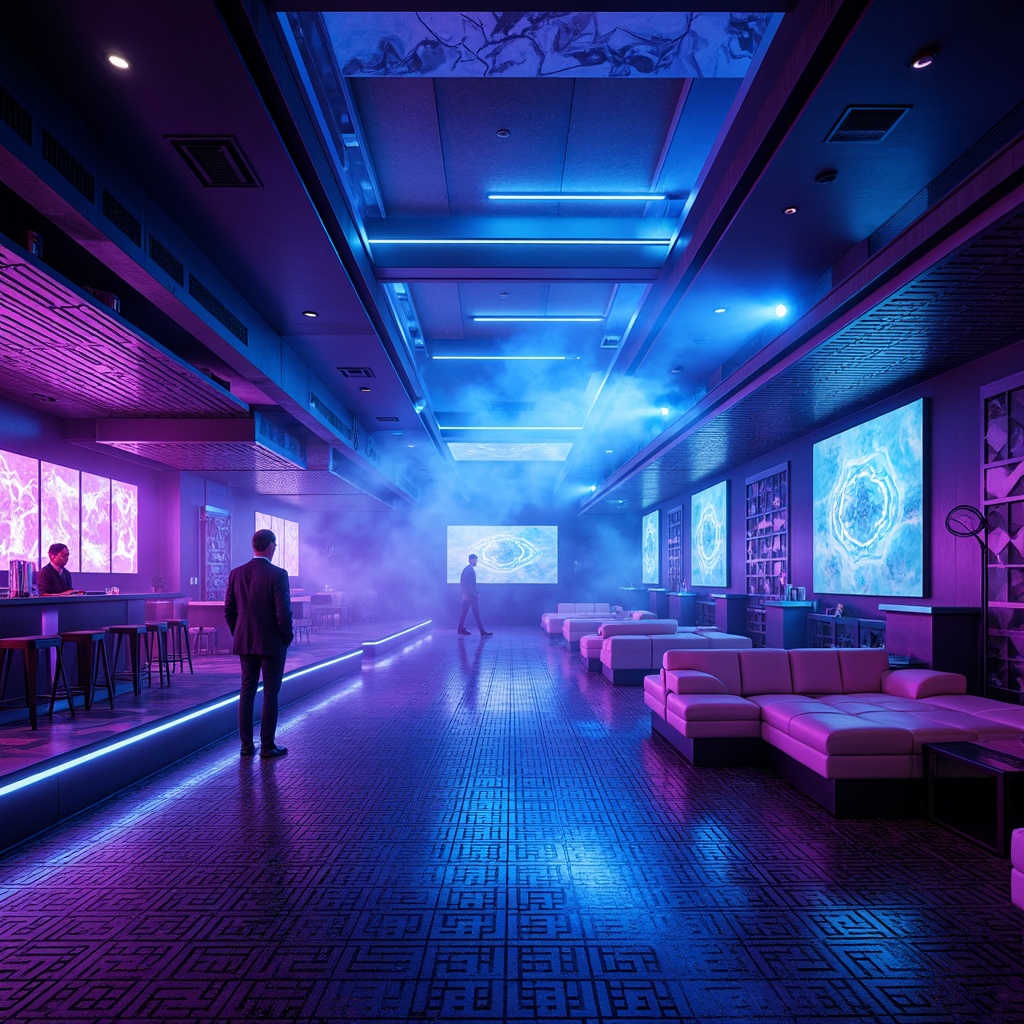 Prompt: Neon-lit nightclub, futuristic architecture, metallic surfaces, glowing LED lights, strobe effects, pulsating rhythms, dark mysterious ambiance, fog machines, laser beams, holographic projections, 3D visuals, dynamic patterns, electric blue hues, purple neon accents, sleek minimalist decor, polished chrome floors, VIP lounge areas, DJ booths, state-of-the-art sound systems, immersive audio experiences, futuristic lighting fixtures, parametric design elements, algorithmic patterns, cyberpunk influences, high-tech materials, atmospheric smoke effects.