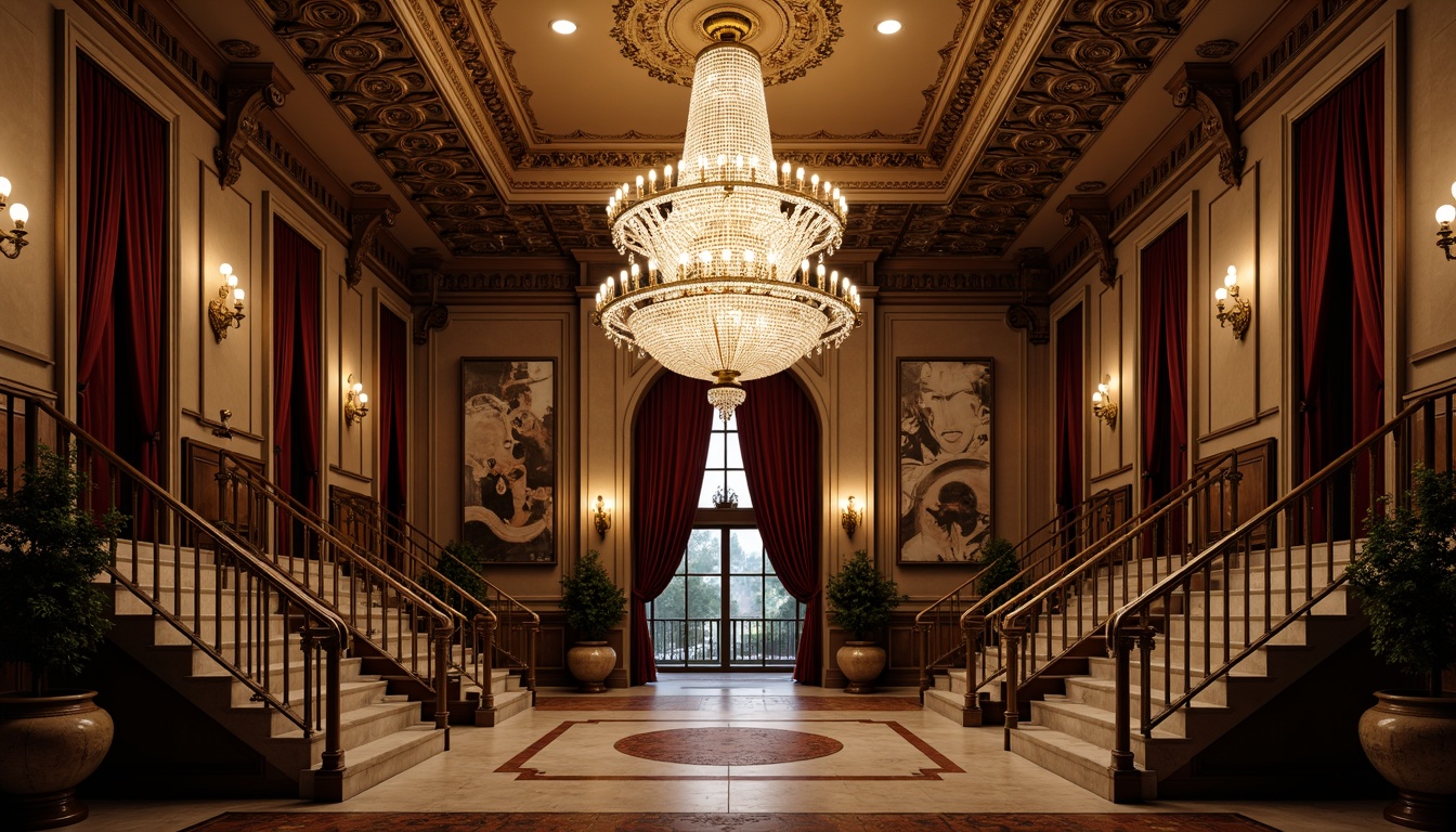 Prompt: Grand chandelier, crystal droplets, ornate metalwork, golden accents, symmetrical composition, refined elegance, classical proportions, stately atmosphere, formal entrance halls, sweeping staircases, rich wood paneling, velvet drapes, intricate moldings, subtle warm glow, soft ambient lighting, dramatic ceiling fixtures, opulent decor, luxurious textiles, majestic architectural details.