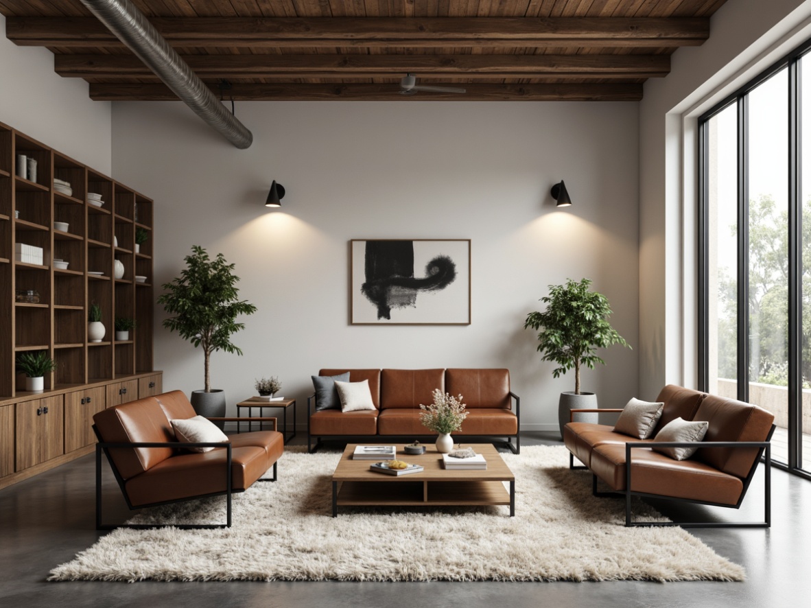 Prompt: Minimalist living room, geometric-shaped furniture, tubular steel frames, leather upholstery, rich wood accents, industrial-chic lighting fixtures, rectangular coffee tables, minimalist shelving units, abstract artwork, monochromatic color scheme, natural textiles, functional decor, open floor plan, plenty of negative space, dramatic vertical lines, warm and inviting atmosphere, softbox lighting, 1/1 composition, high contrast ratio, realistic materials, subtle ambient occlusion.