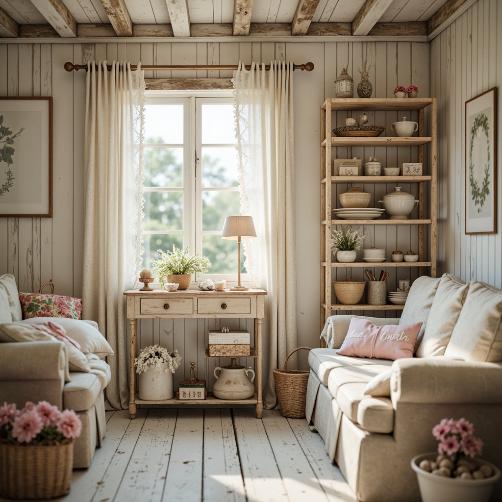 Prompt: Soft, feminine shabby-chic cottage, distressed wood accents, pastel hues, creamy whites, weathered metals, floral patterns, lace details, vintage furniture, warm candlelight, soft focus, shallow depth of field, 1/1 composition, whimsical atmosphere, romantic ambiance, delicate textures, gentle color transitions.