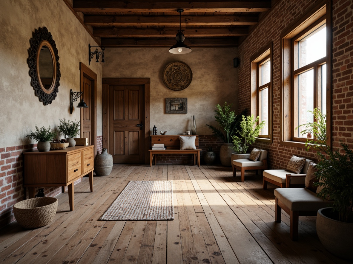 Prompt: Rustic wooden planks, distressed textures, earthy color palette, natural stone walls, rough-hewn timbers, exposed brick facades, weathered metal accents, vintage decorative trims, eclectic mix of materials, cozy intimate spaces, warm soft lighting, shallow depth of field, 1/1 composition, realistic textures, ambient occlusion.