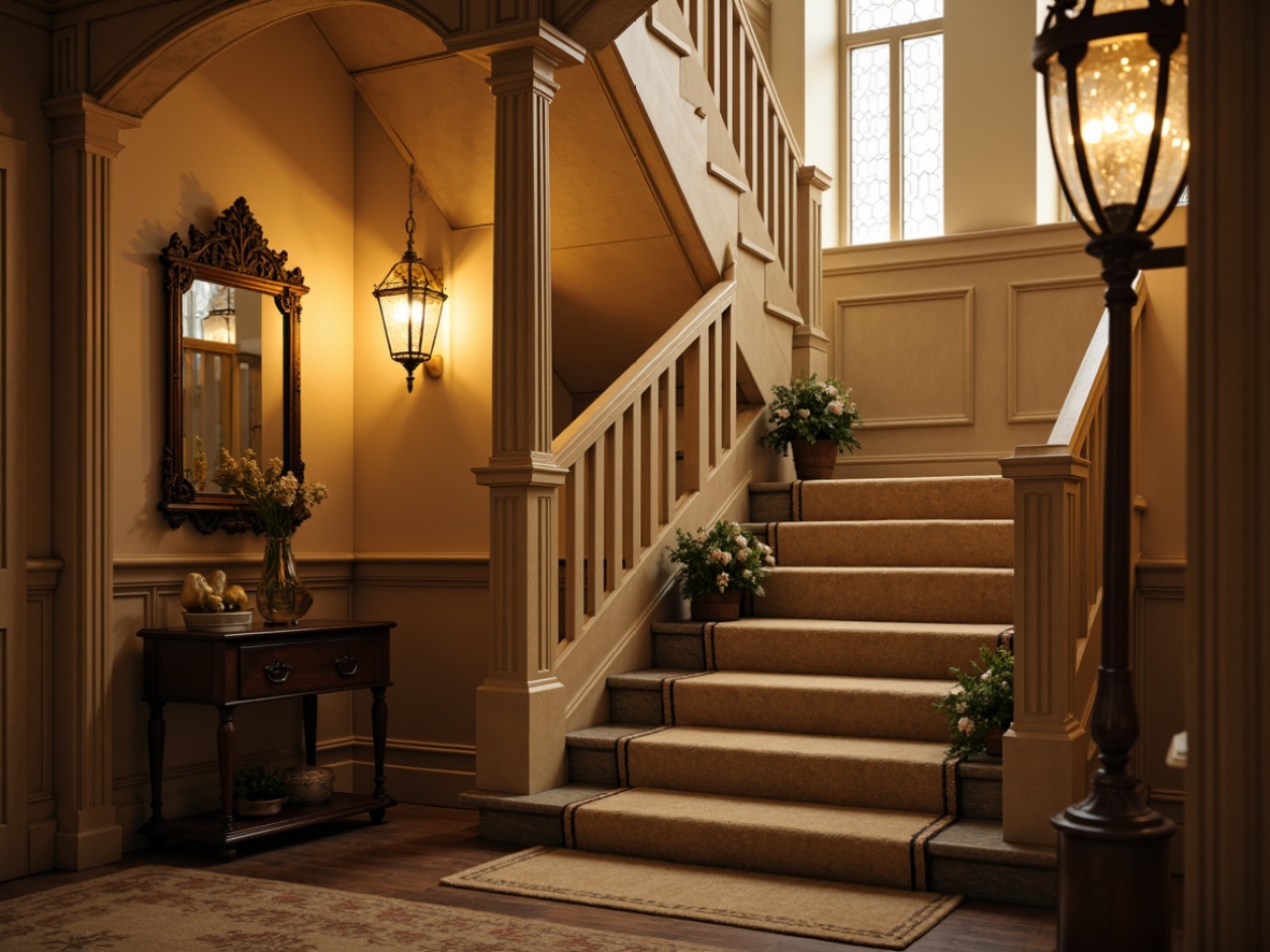 Prompt: Softly lit staircase, distressed wood banisters, vintage metal lanterns, crystal chandeliers, warm beige walls, plush area rugs, ornate wooden newel posts, delicate ironwork details, cream-colored risers, soft warm lighting, shallow depth of field, 3/4 composition, romantic ambient glow, realistic textures, subtle shadowing.