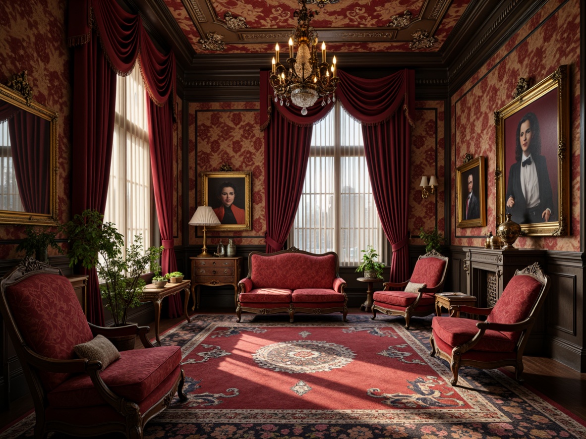 Prompt: Luxurious Victorian-era parlour, rich velvet fabrics, intricately patterned damasks, ornate floral motifs, heavy drapery, tassel trimmings, opulent silk upholstery, jewel-toned colour palette, subtle sheen finishes, antique furnishings, carved wooden accents, crystal chandeliers, soft warm lighting, 1/1 composition, intimate atmosphere, realistic textures, ambient occlusion.