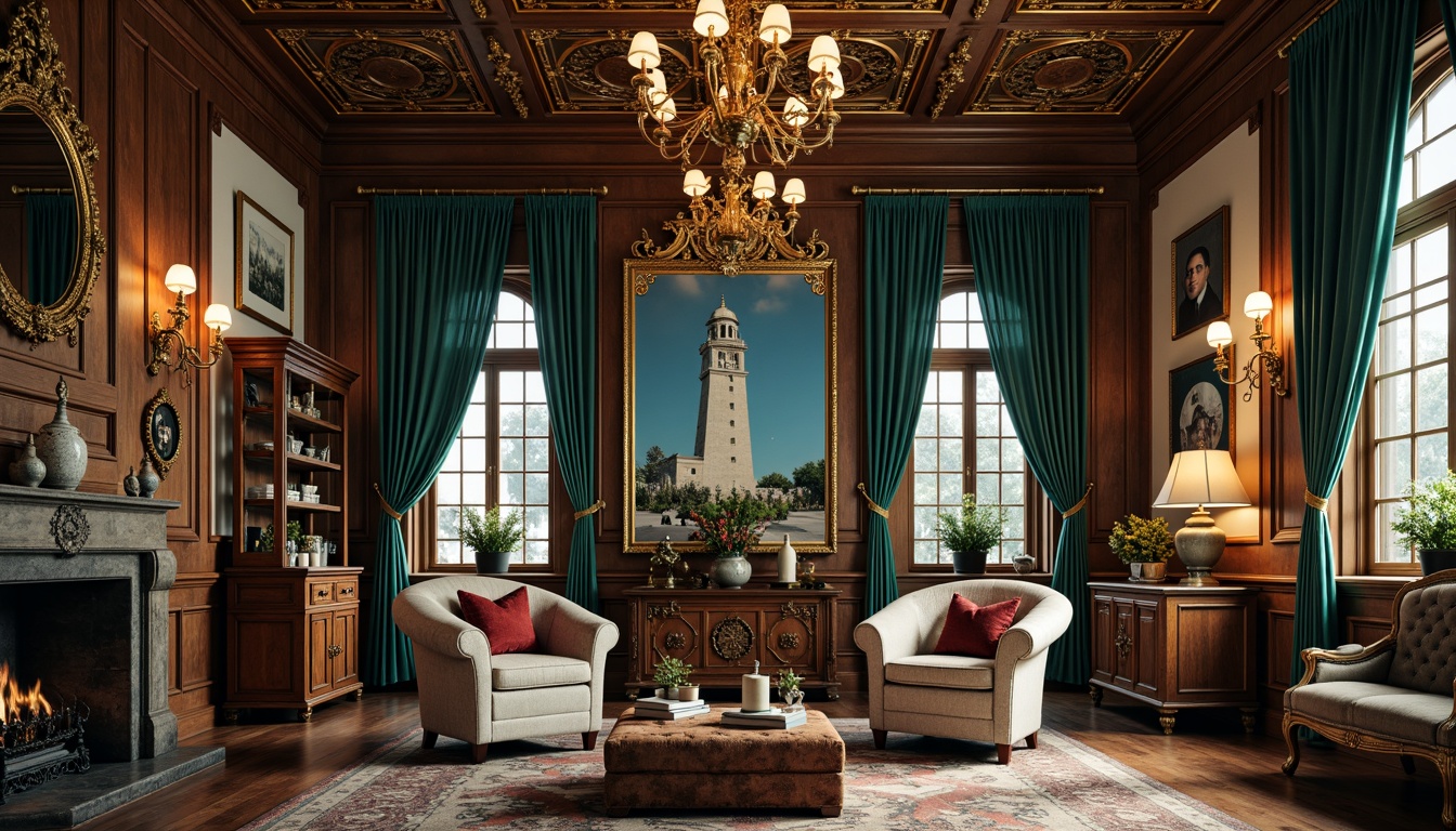 Prompt: Richly patterned teal upholstery, intricately carved wooden furniture, ornate velvet drapes, plush area rugs, stately chandeliers, warm golden lighting, classic Victorian architecture, opulent furnishings, vintage accessories, distressed leather armchairs, tufted ottomans, elegant floral arrangements, majestic clock towers, soft misty atmosphere, 1/1 composition, shallow depth of field, realistic textures.