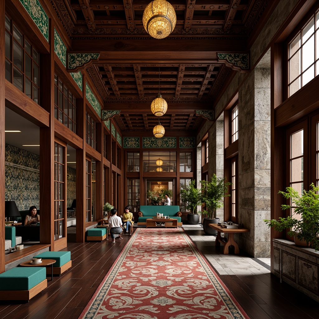 Prompt: Richly ornamented hall, luxurious Asian-style interior, intricately carved wooden panels, polished dark wood floors, delicate silk fabrics, vibrant jade green accents, ornate golden fixtures, subtle mother-of-pearl inlays, textured stone walls, natural fiber rugs, soft warm lighting, dramatic ceiling fixtures, 1/1 composition, shallow depth of field, realistic reflections, ambient occlusion.