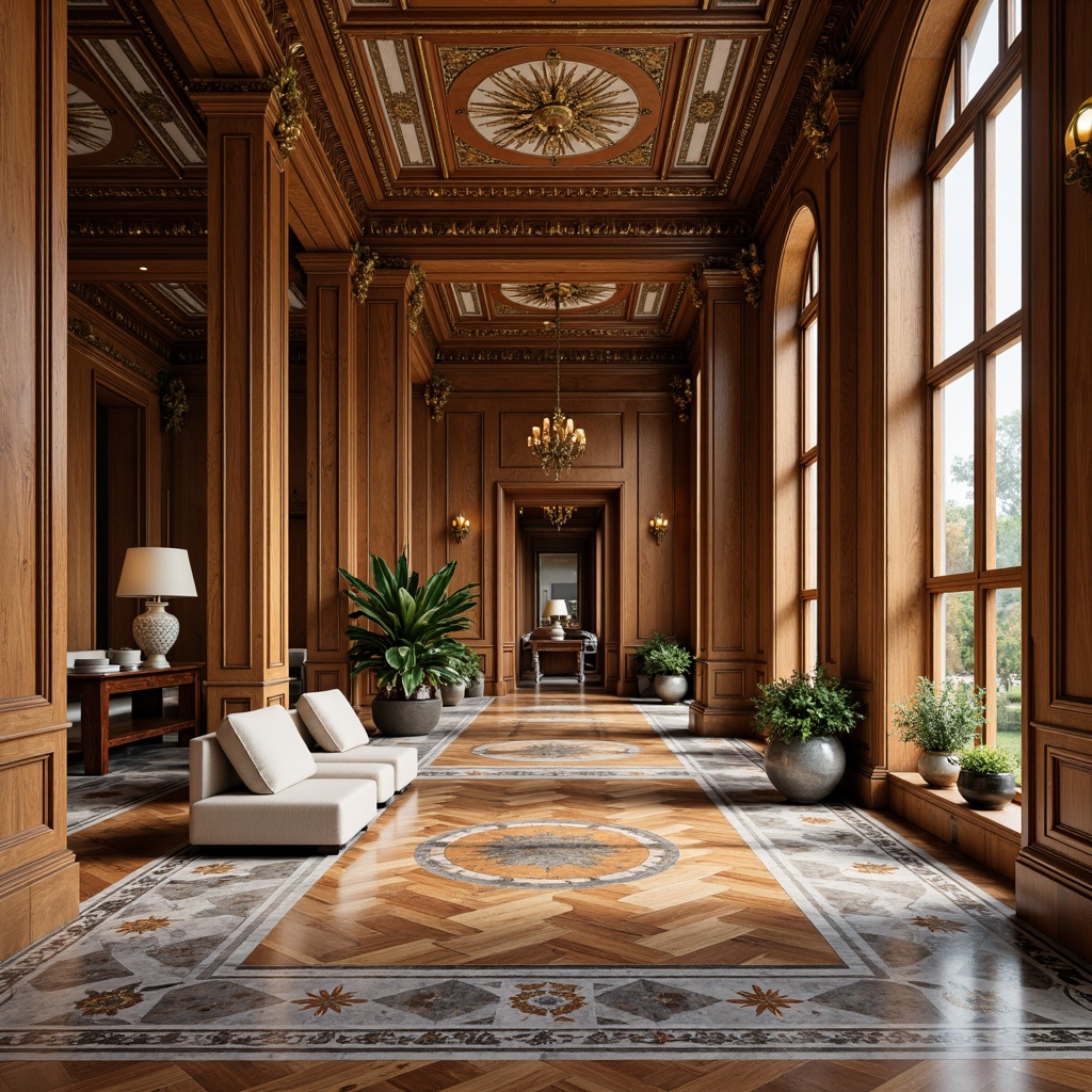 Prompt: Luxurious Neoclassical interior, ornate inlaid wood flooring, polished marble surfaces, intricate mosaic patterns, richly veined limestone, distressed hardwood planks, elegant herringbone designs, sophisticated chevron layouts, opulent area rugs, subtle texture contrast, warm golden lighting, shallow depth of field, 1/1 composition, realistic reflections, ambient occlusion.