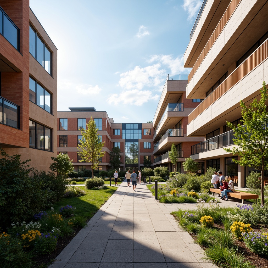 Prompt: Vibrant university campus, modern academic buildings, bold architectural lines, sleek glass facades, rich wood accents, dynamic color blocks, contrasting textures, natural stone pathways, lush greenery, blooming flowers, warm sunny day, soft diffused lighting, 3/4 composition, shallow depth of field, realistic renderings.