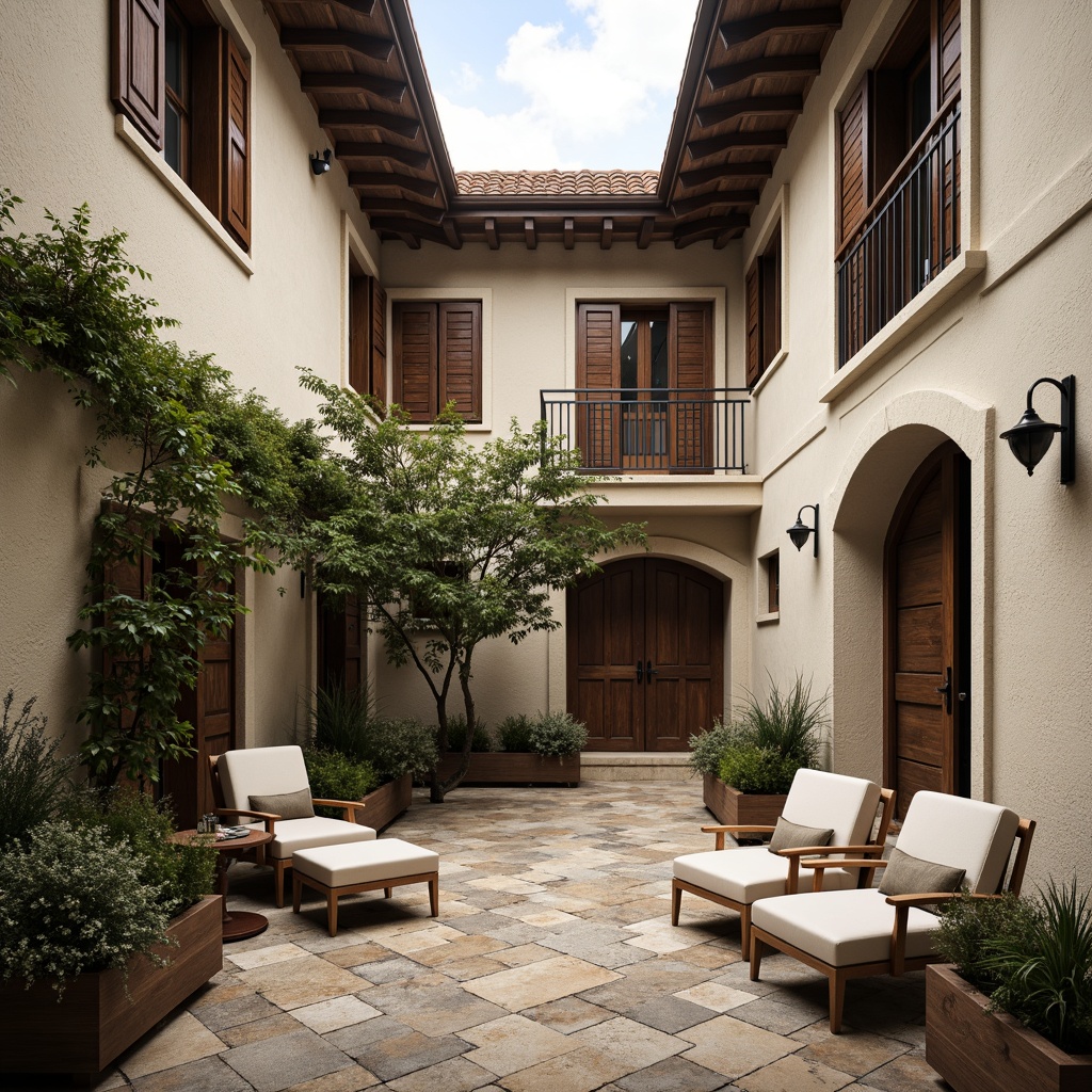 Prompt: Rustic stone fa\u00e7ade, soft cream stucco walls, steeply pitched terra cotta roofs, ornate wooden shutters, decorative ironwork balconies, curved archways, natural limestone flooring, distressed wood beams, earthy color palette, vintage antique furnishings, lush greenery, climbing vines, soft warm lighting, cozy intimate spaces, 1/1 composition, realistic textures, ambient occlusion.