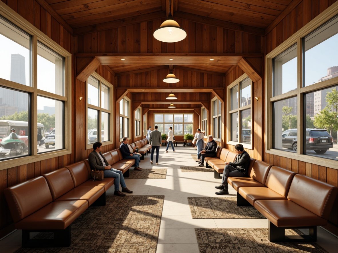 Prompt: Retro-style train station, waiting area benches, wooden accents, mid-century modern architecture, large windows, natural light, industrial-style lighting fixtures, vintage luggage racks, distressed leather seats, geometric patterned rugs, warm beige tones, 3/4 composition, shallow depth of field, soft warm lighting, realistic textures, ambient occlusion, urban cityscape background, busy pedestrian traffic, blurred motion effect.