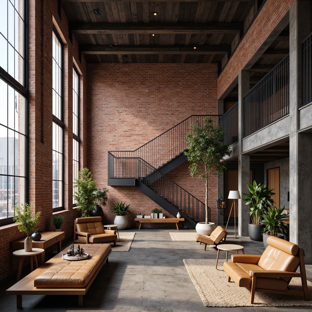 Prompt: Exposed brick walls, metal beams, reclaimed wood flooring, industrial-style lighting fixtures, distressed leather furniture, urban-chic decor, raw concrete accents, minimalist color palette, neutral tones, bold typography, vintage manufacturing equipment, modern amenities, luxurious textiles, eclectic art pieces, converted warehouse architecture, open-plan lobby, high ceilings, large windows, cityscape views, dramatic staircases, edgy metal railings.