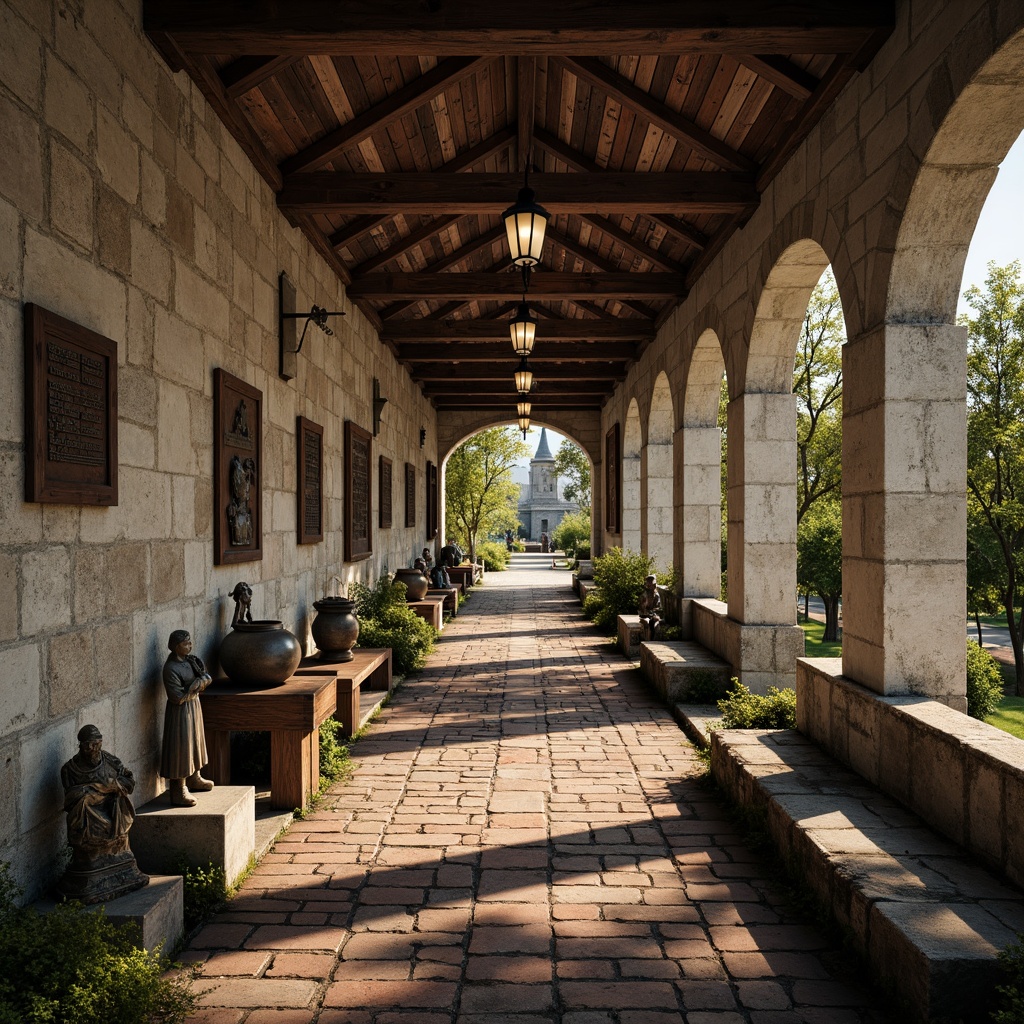 Prompt: Weathered stone walls, distressed wood accents, rustic metal details, worn brick pavement, moss-covered statues, memorial plaques, solemn atmosphere, natural light filtering through wooden beams, earthy color palette, rough-hewn wooden benches, vintage lanterns, soft warm lighting, shallow depth of field, 1/1 composition, realistic textures, ambient occlusion.Please let me know if this meets your requirements!