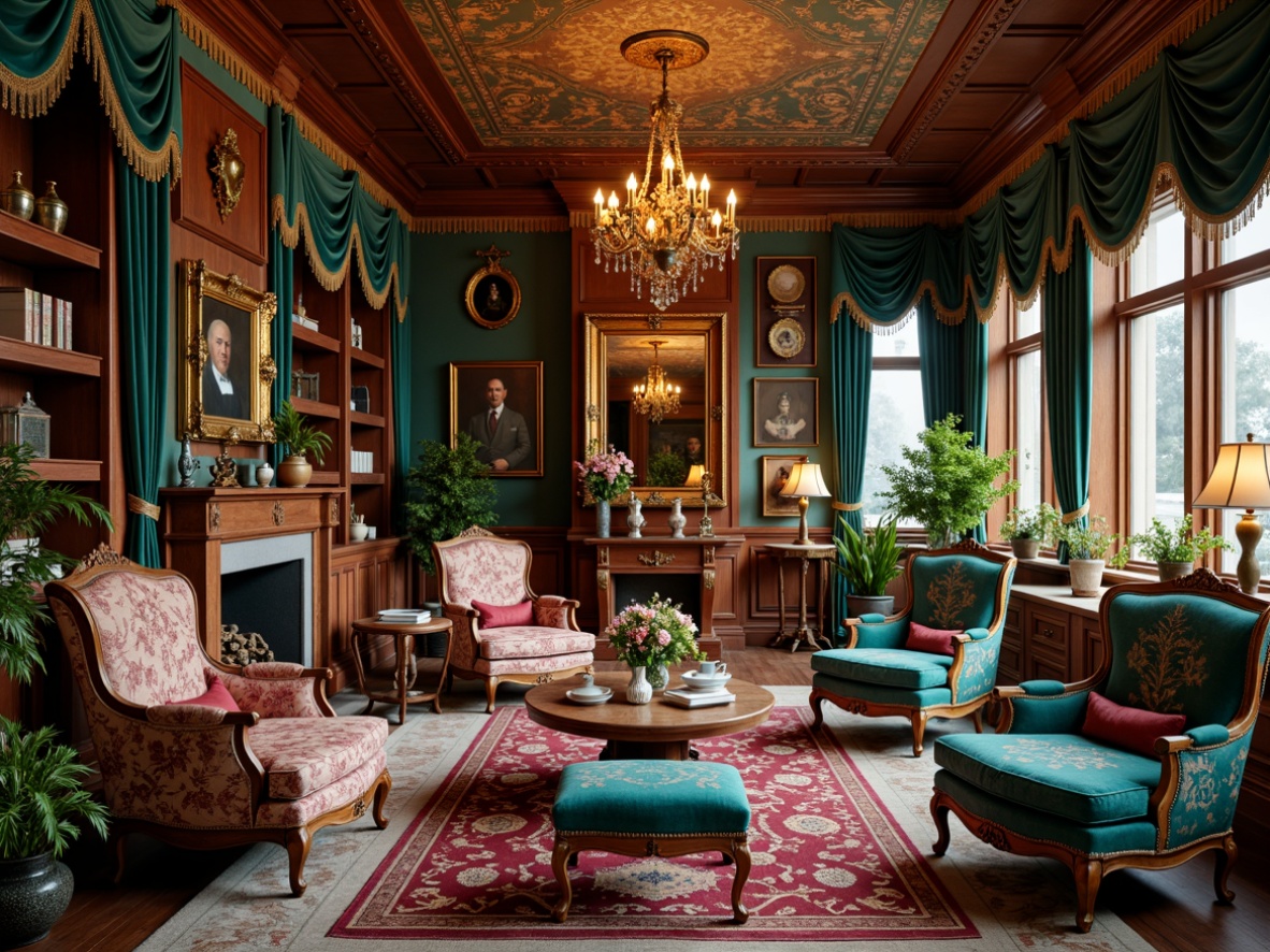 Prompt: Rich velvet fabrics, intricate floral patterns, ornate wooden furniture, luxurious teal upholstery, golden accents, opulent drapery, lavish tassels, soft warm lighting, classic 19th-century architecture, grandiose chandeliers, majestic fireplaces, regal family portraits, ornamental vases, lush greenery, vintage decorative accessories, sophisticated ambiance, elegant textures, detailed molding, Victorian-era inspired design.