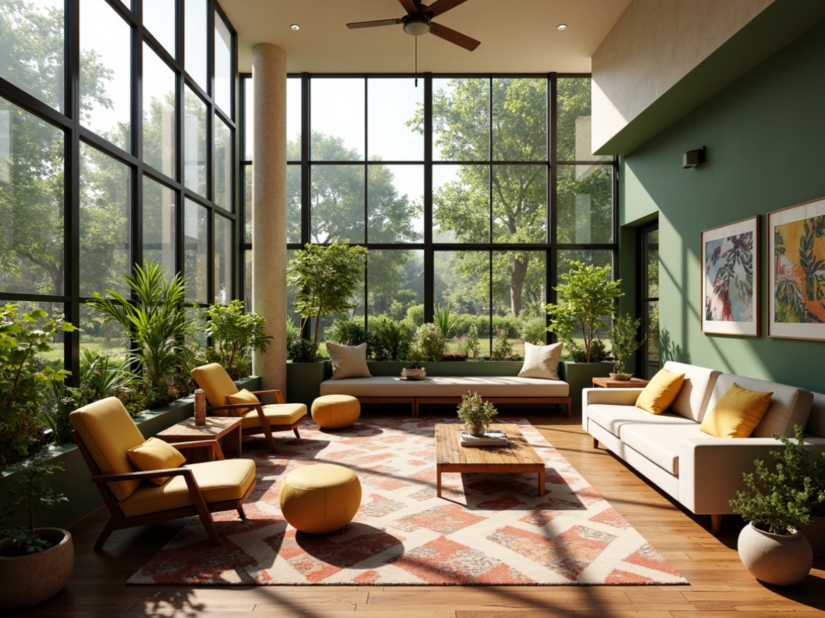 Prompt: Vibrant sunroom, large windows, natural light, comfortable seating, retro-style armchairs, wooden coffee tables, geometric-patterned rugs, potted plants, greenery walls, minimalist decor, sleek metal frames, low-profile sofas, bold-colored throw pillows, wooden side tables, decorative vases, organic-shaped planters, warm beige colors, soft ambient lighting, shallow depth of field, 1/1 composition, realistic textures, subtle shadows.