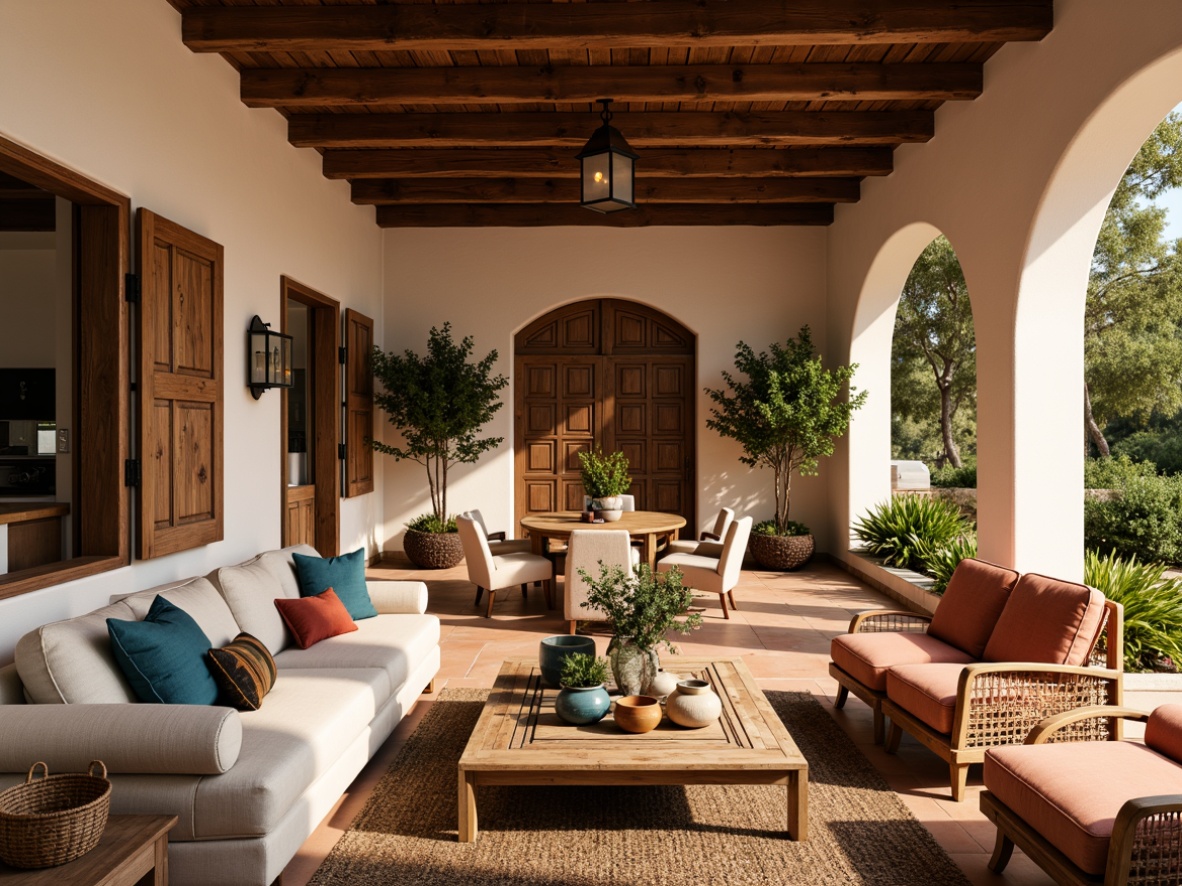 Prompt: Warm Mediterranean villa, rustic stone walls, terracotta floors, arched windows, ornate wooden doors, plush sofas, velvet armchairs, distressed wood coffee tables, woven rattan baskets, colorful ceramics, natural fiber rugs, lush greenery, potted plants, warm golden lighting, soft shadows, 1/1 composition, intimate atmosphere, cozy reading nooks, elegant dining areas, functional kitchen islands.