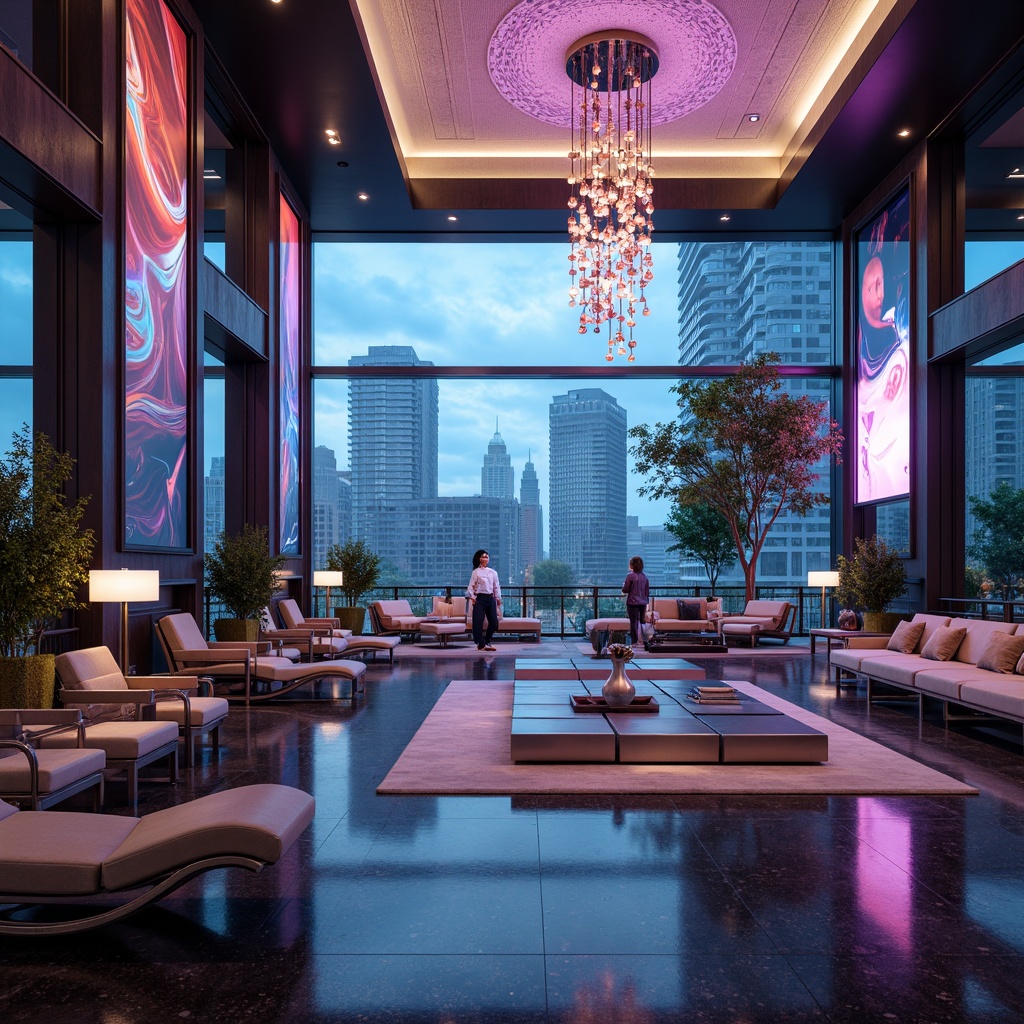 Prompt: Luxurious hotel lobby, futuristic chandeliers, holographic displays, sleek metallic furniture, ergonomic chairs, levitating coffee tables, minimalist decor, ambient LED lighting, floor-to-ceiling windows, panoramic city views, modern abstract art pieces, iridescent color schemes, high-gloss finishes, avant-garde sculptures, aerodynamic shapes, 3D-printed decorative elements, soft neon glow, shallow depth of field, 1/1 composition, cinematic rendering, realistic reflections.