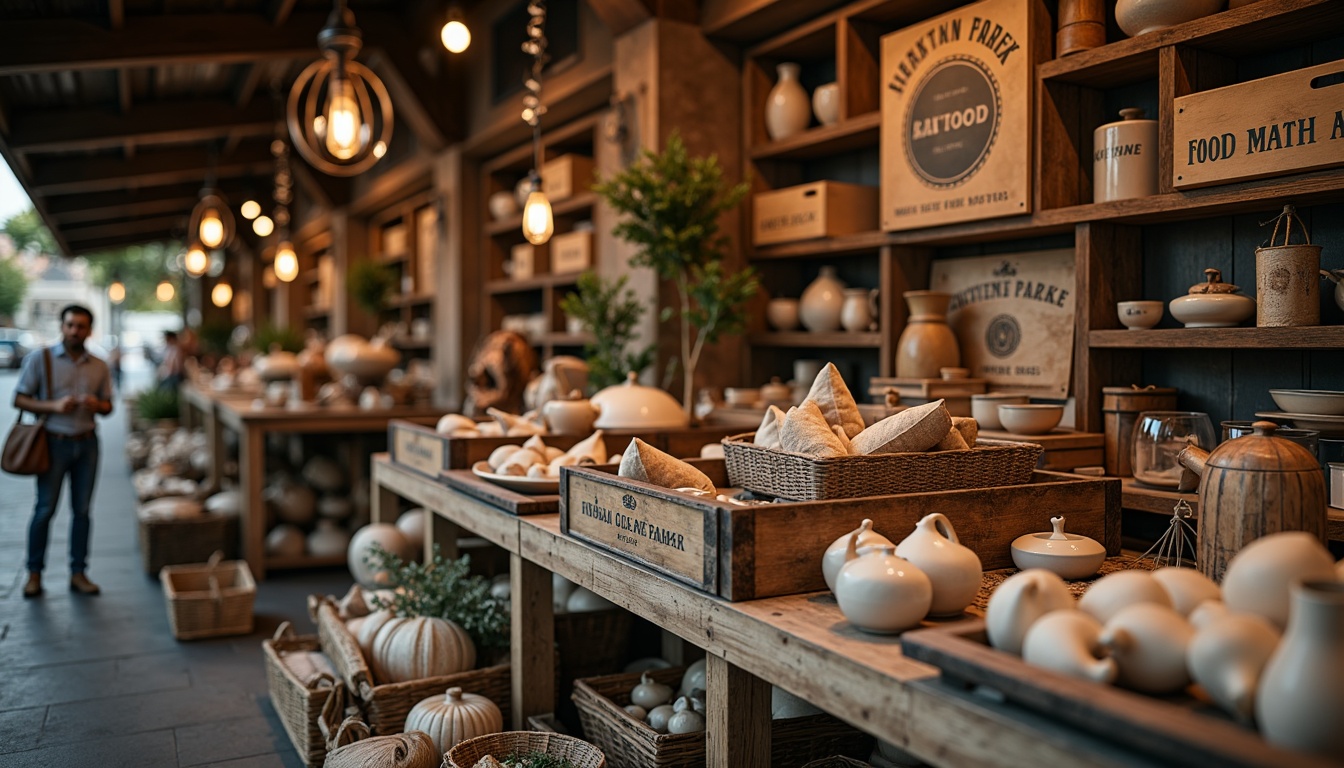 Prompt: Rustic market stalls, vintage wooden crates, distressed metal signs, reclaimed wood accents, earthy color palette, natural textiles, woven baskets, handmade ceramics, pendant lanterns, Edison bulb lighting, warm cozy ambiance, shallow depth of field, 1/2 composition, soft focus, realistic materials, subtle grain texture.