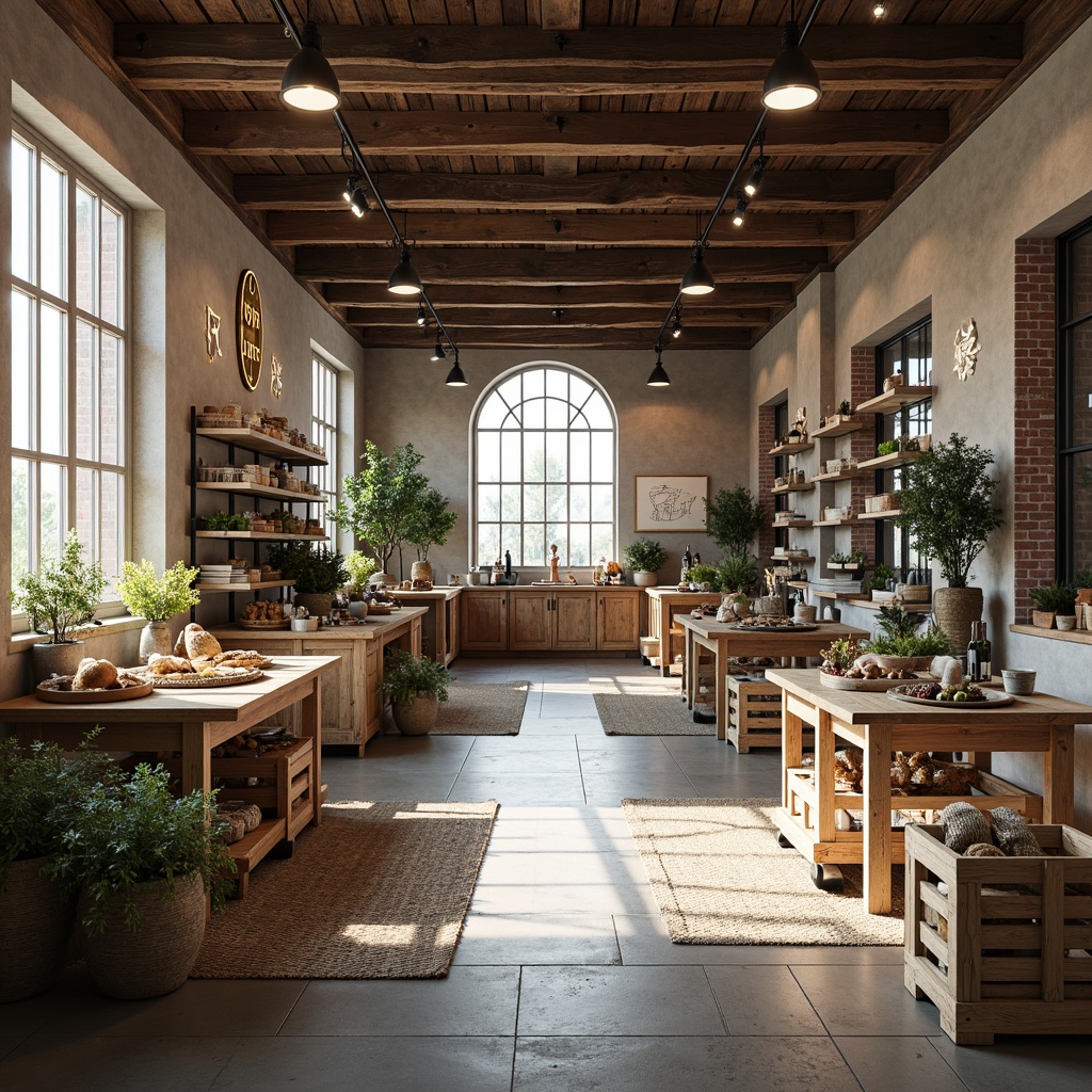 Prompt: Light-filled Scandinavian grocery store, wooden crates, natural stone flooring, rustic metal shelves, minimalist wooden tables, woven wicker baskets, industrial-style lighting fixtures, exposed brick walls, earthy tone color palette, reclaimed wood accents, cozy textiles, woven rugs, pendant lamps, modern Nordic-inspired signage, functional display cases, abundant greenery, airy atmosphere, soft warm lighting, 1/2 composition, shallow depth of field, realistic textures, ambient occlusion.